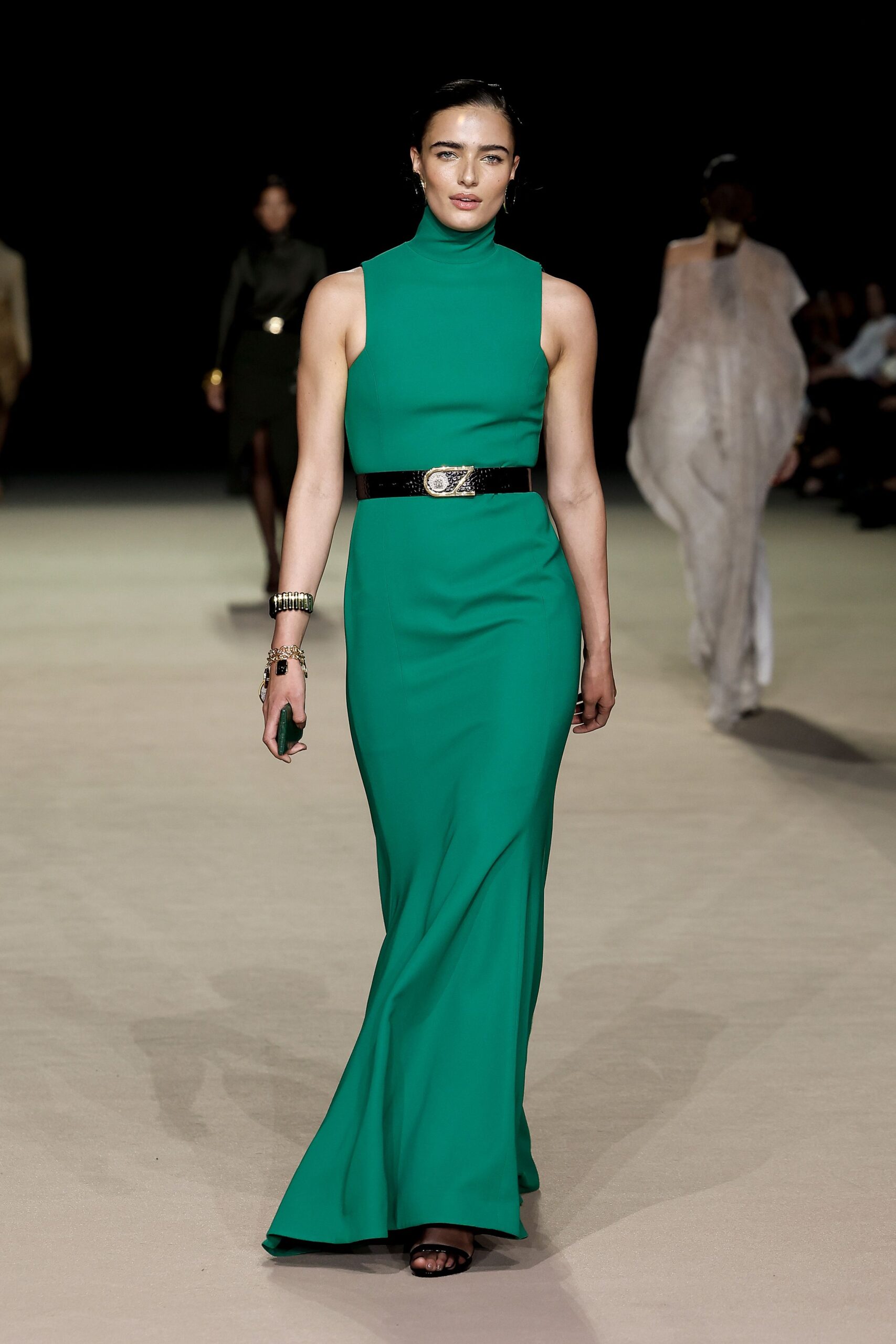 green silk sleeveless high-neck fitted flared maxi gown