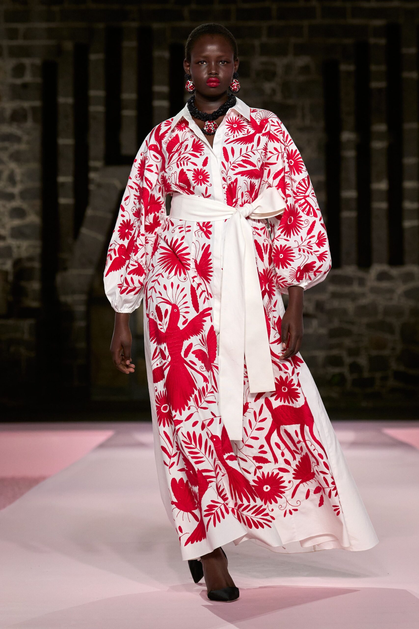 red cotton long-sleeve collared relaxed printed belted dress