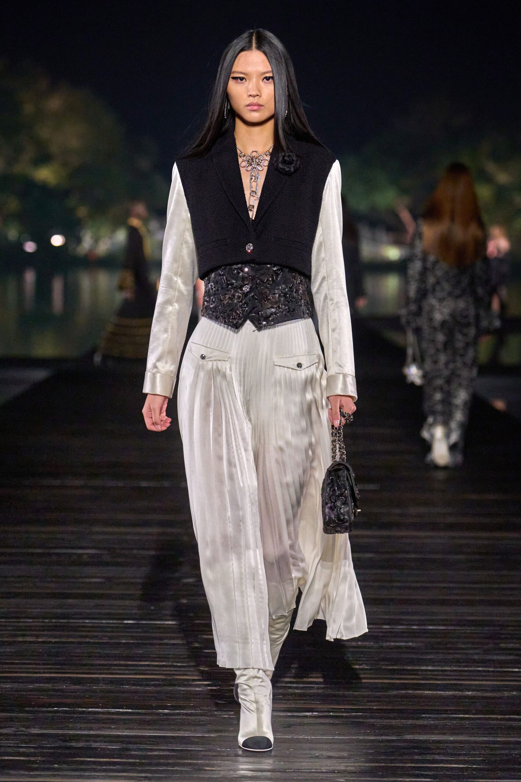 black blazer white top wide-leg pants