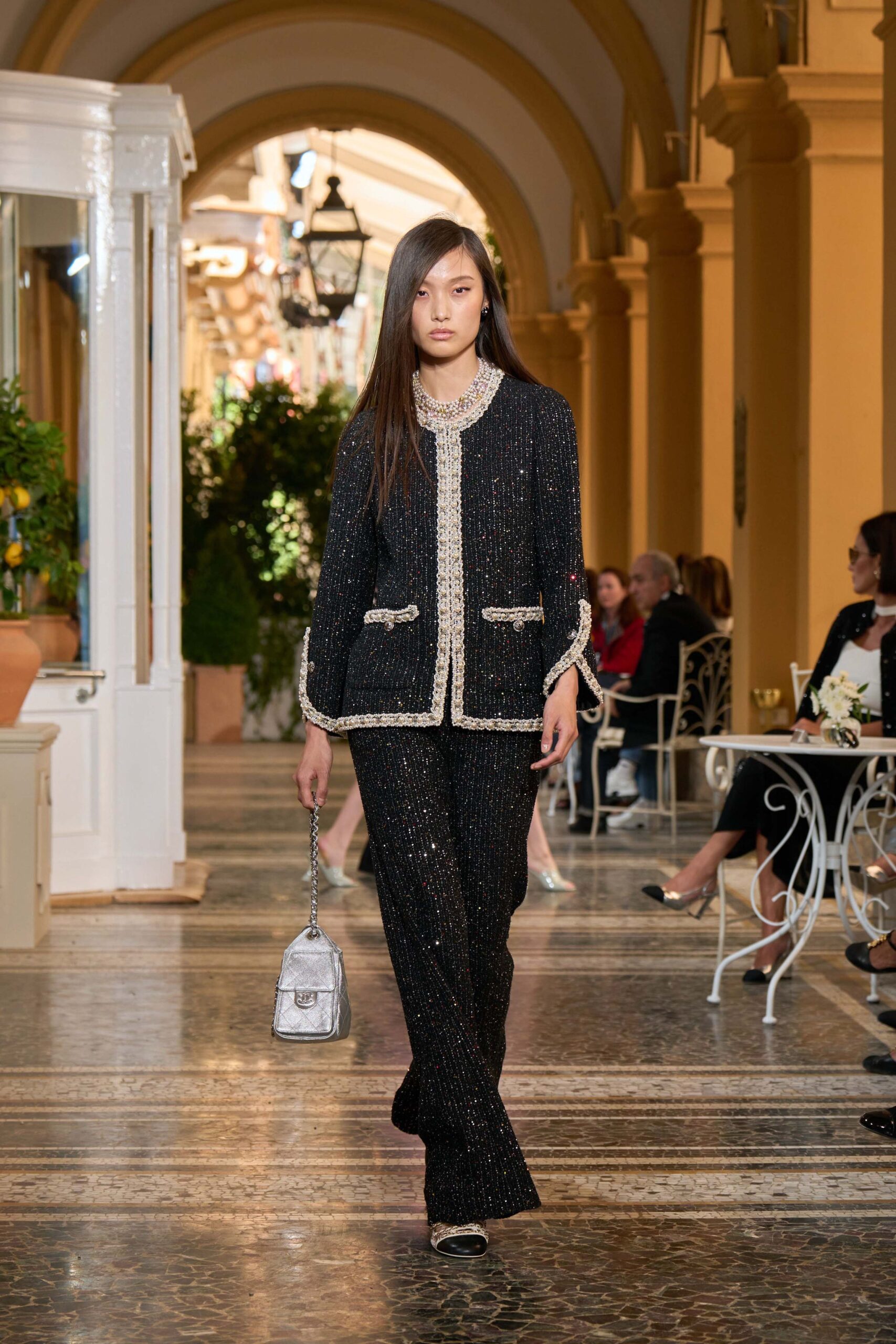 black sequin long-sleeve collared structured embellished buttoned jacket