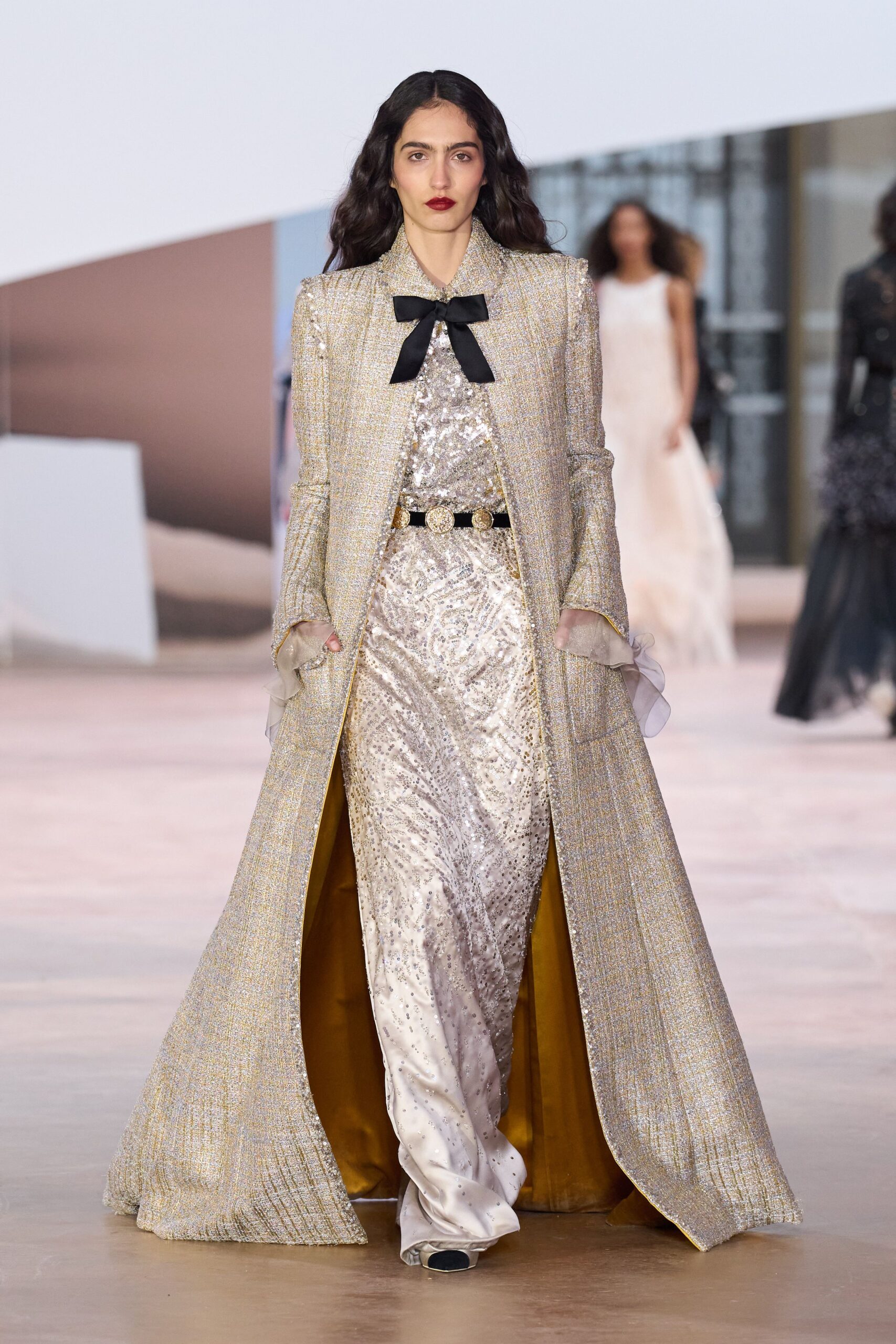 gold silk long-sleeve collared fitted buttoned layered coat