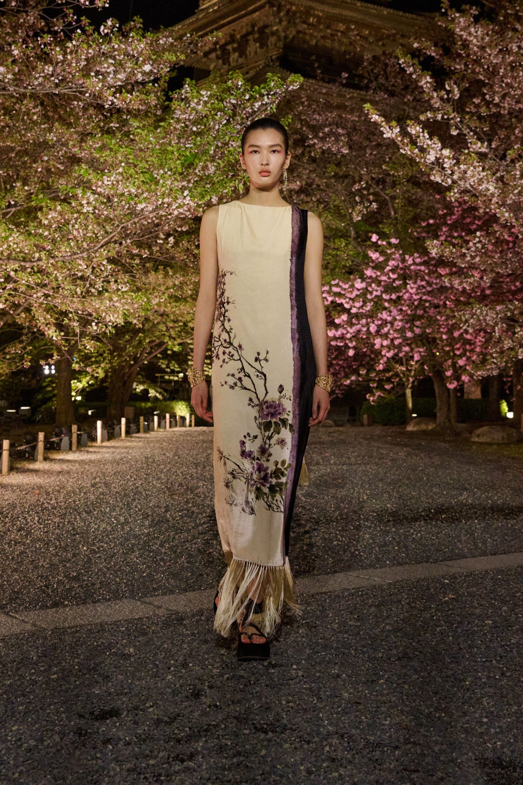 beige silk sleeveless high-neck fitted embroidered fringed gown