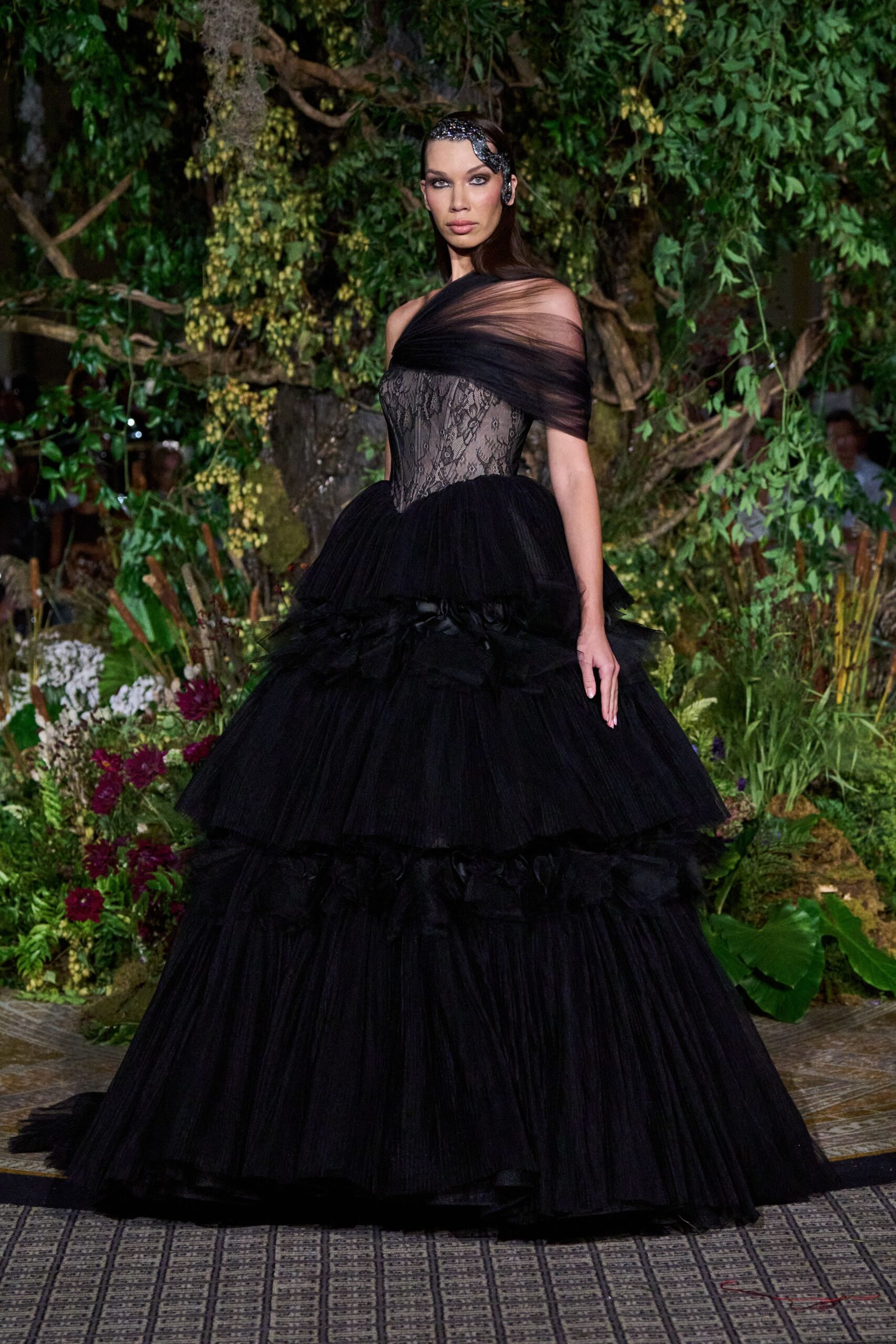 black off-shoulder tiered gown