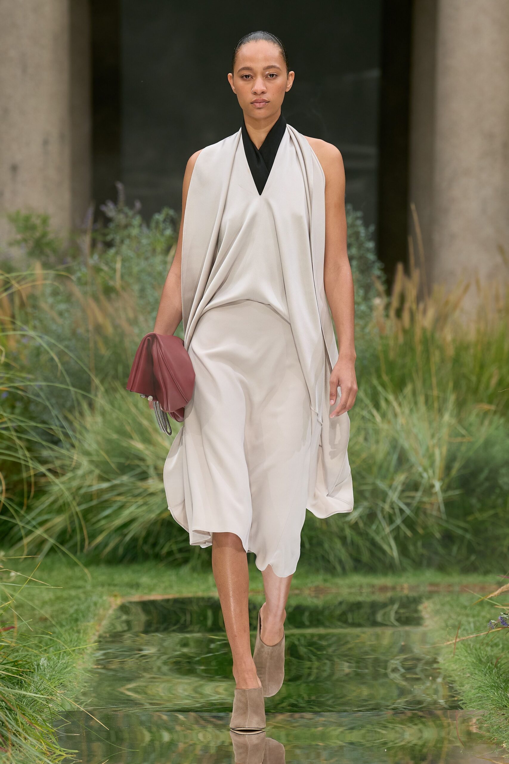 beige draped midi dress