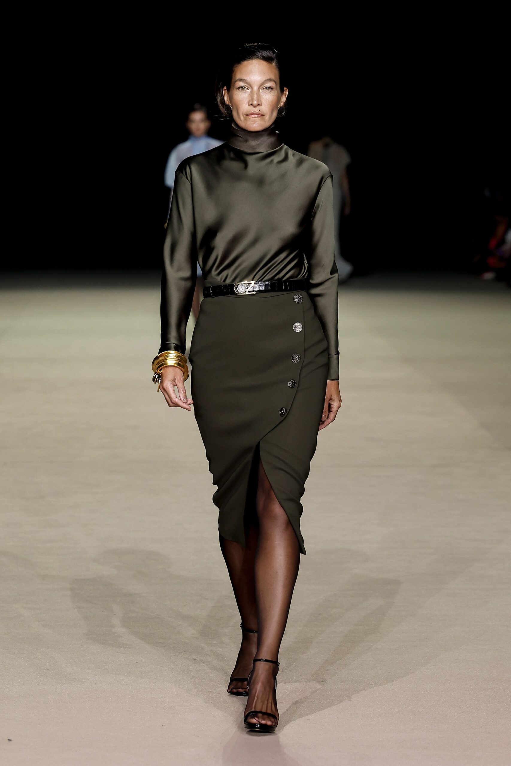 green silk slit fitted pencil buttoned skirt