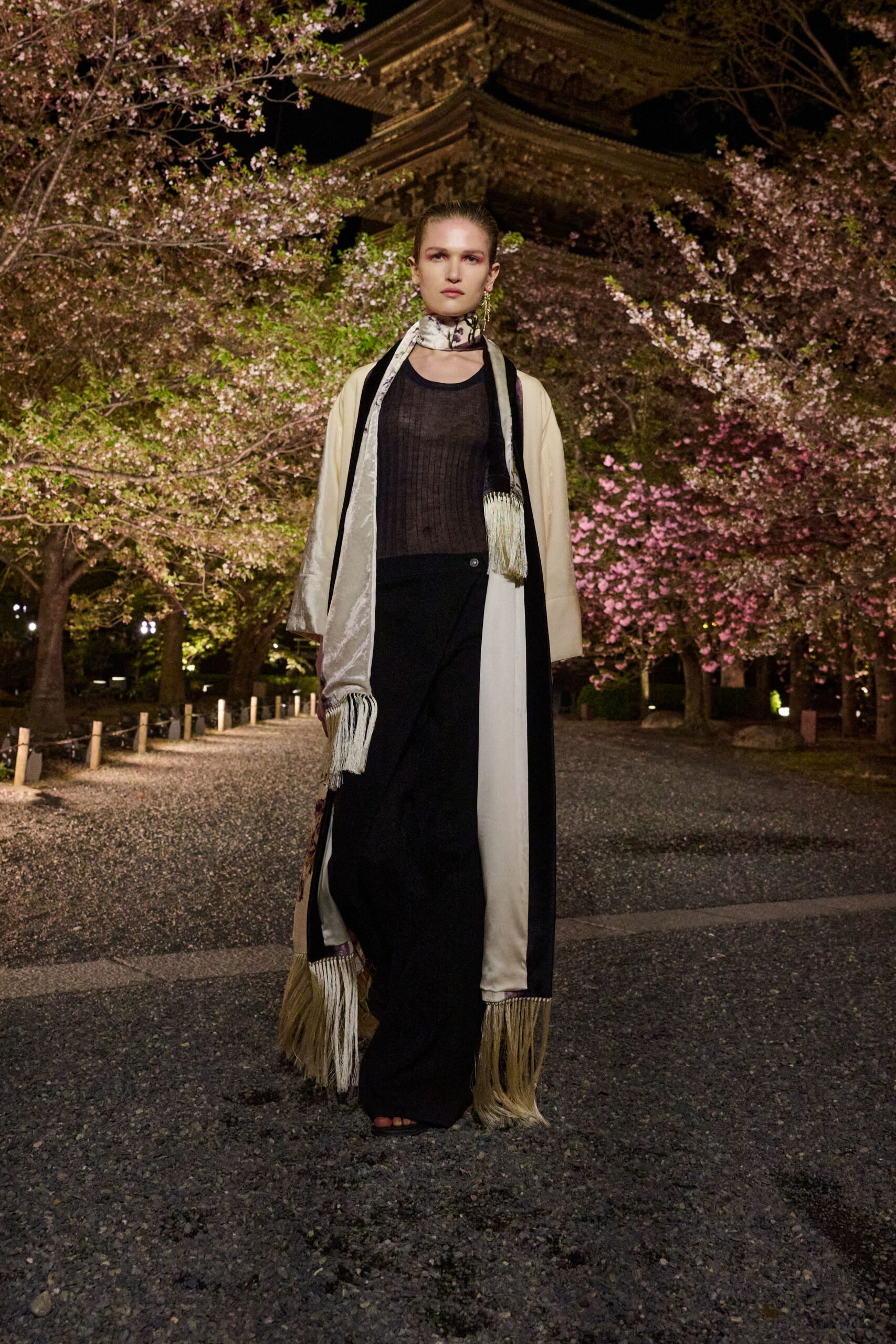beige silk long-sleeve collared relaxed fringed coat