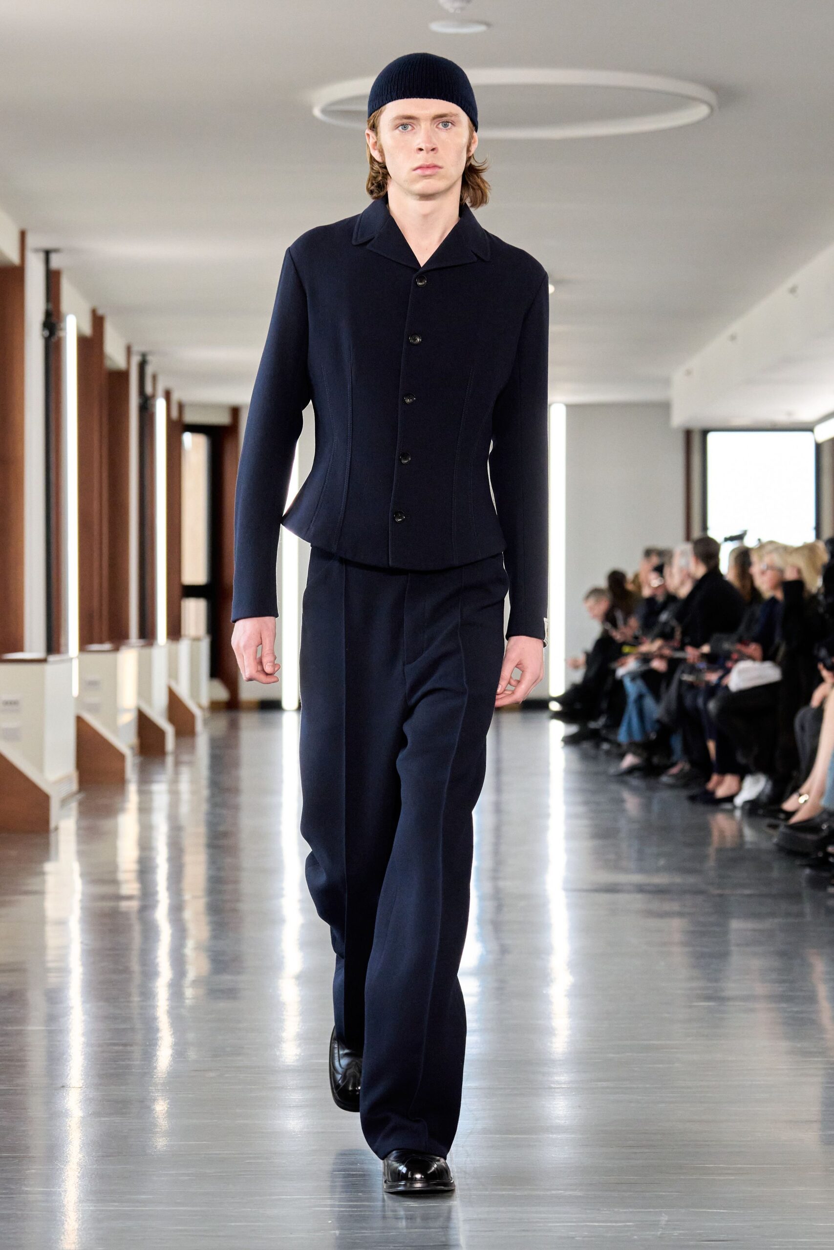 blue wool long-sleeve collared fitted buttoned jacket