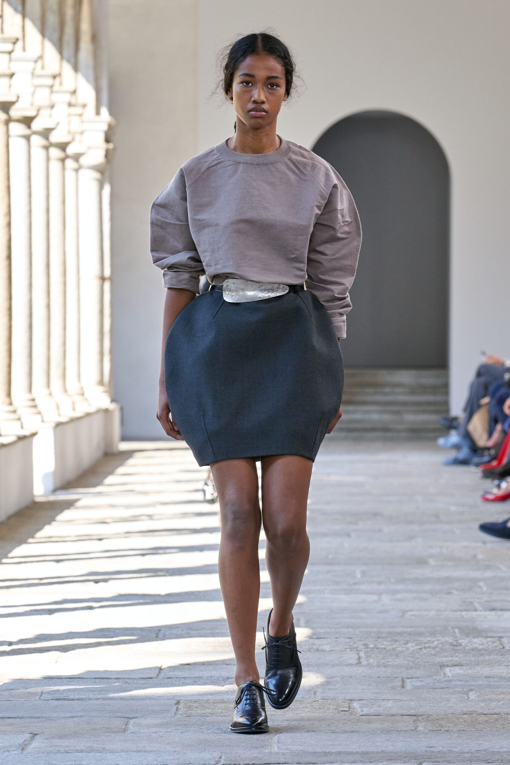 gray cotton long-sleeve collared relaxed padded top