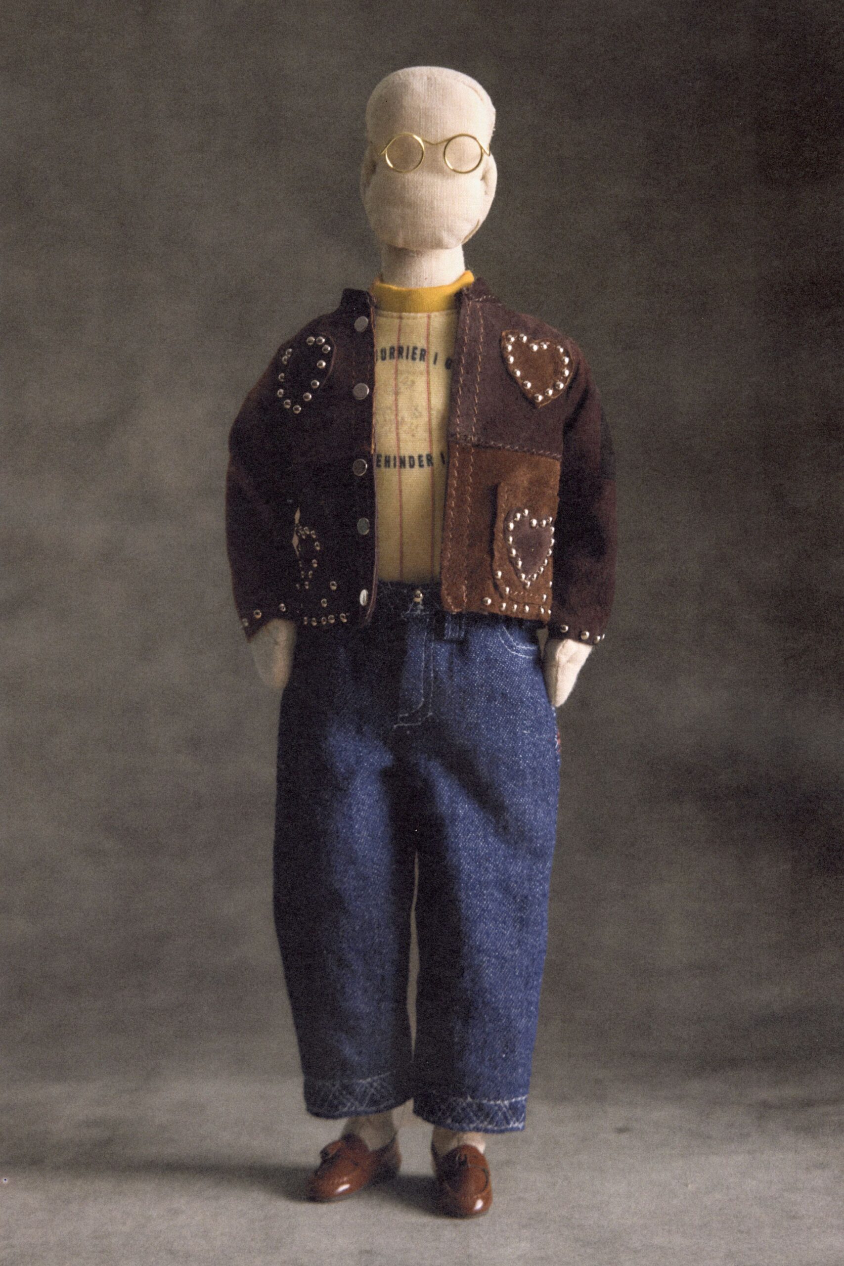brown suede long-sleeve collared relaxed buttoned patchwork jacket