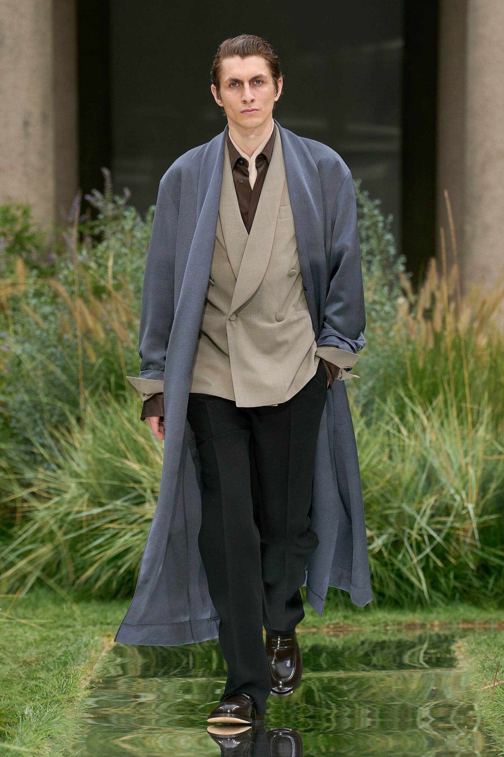 blue silk long-sleeve relaxed draped flowing coat