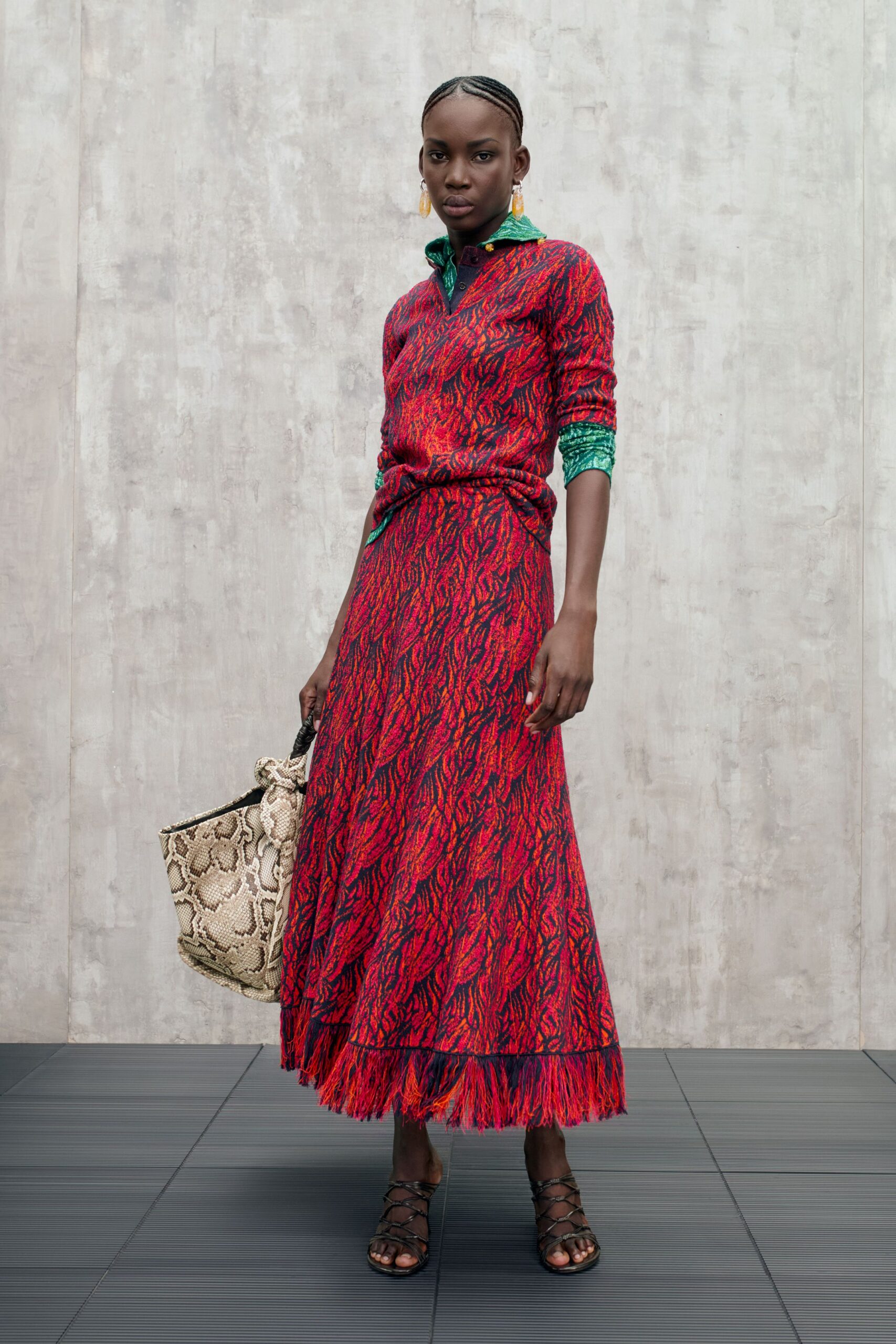red and green striped sweater with maxi skirt