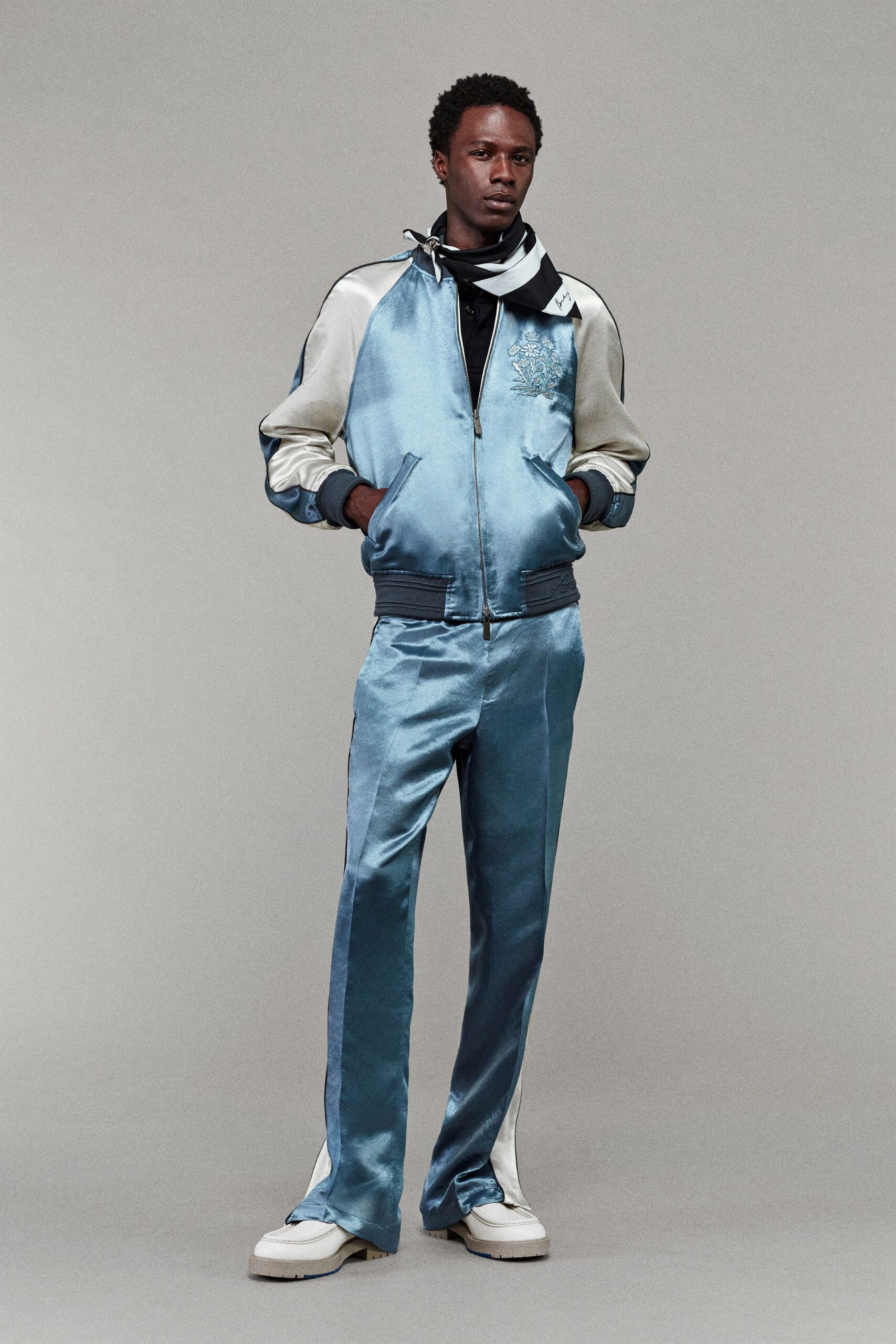 blue satin long-sleeve collared relaxed zippered shiny jacket