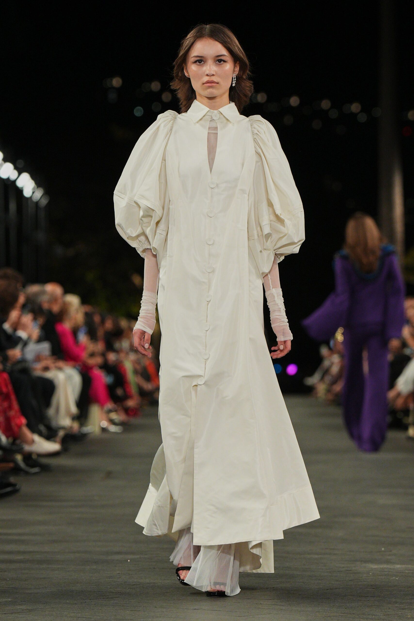 white maxi dress with black shoes