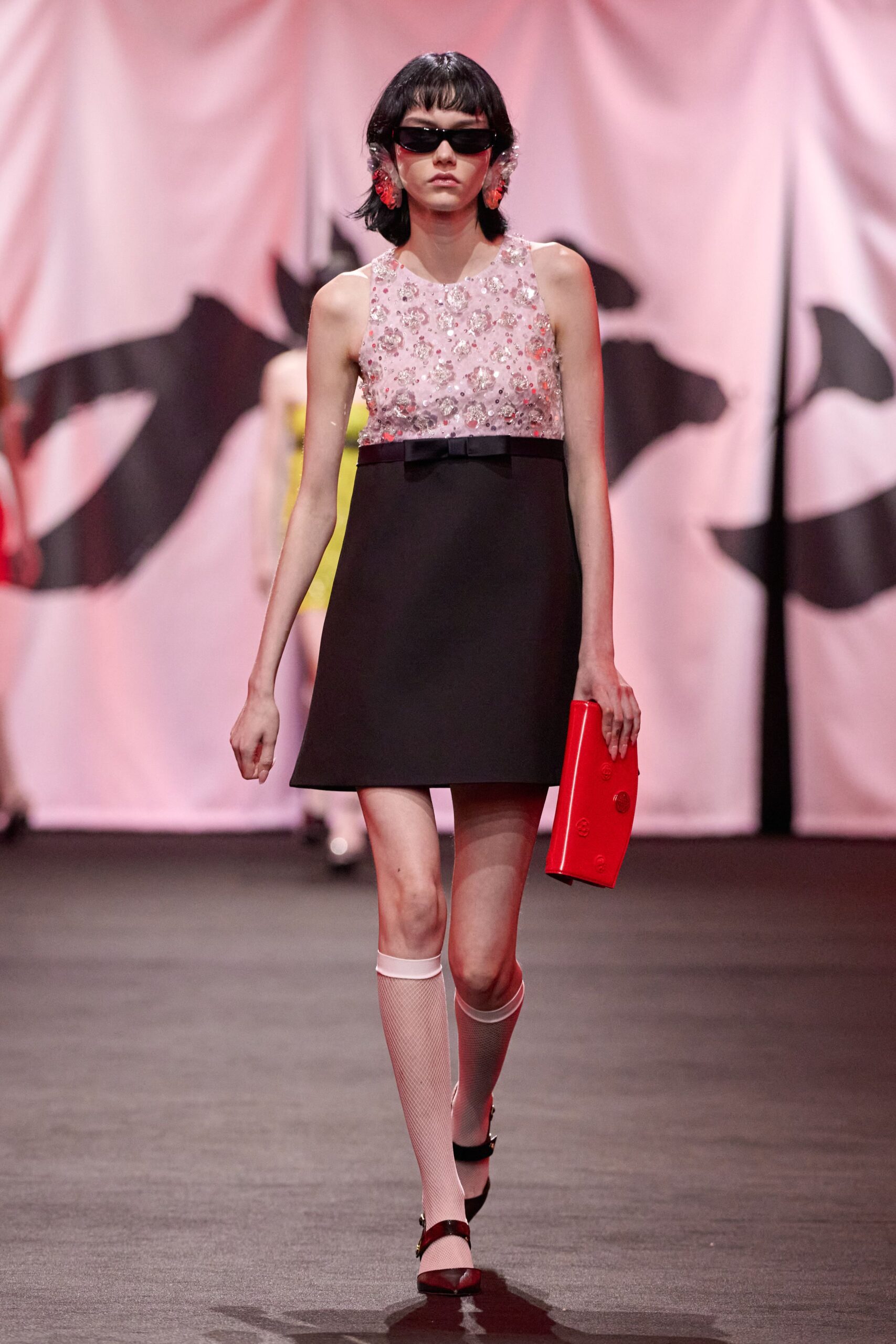 black and pink embroidered mini dress