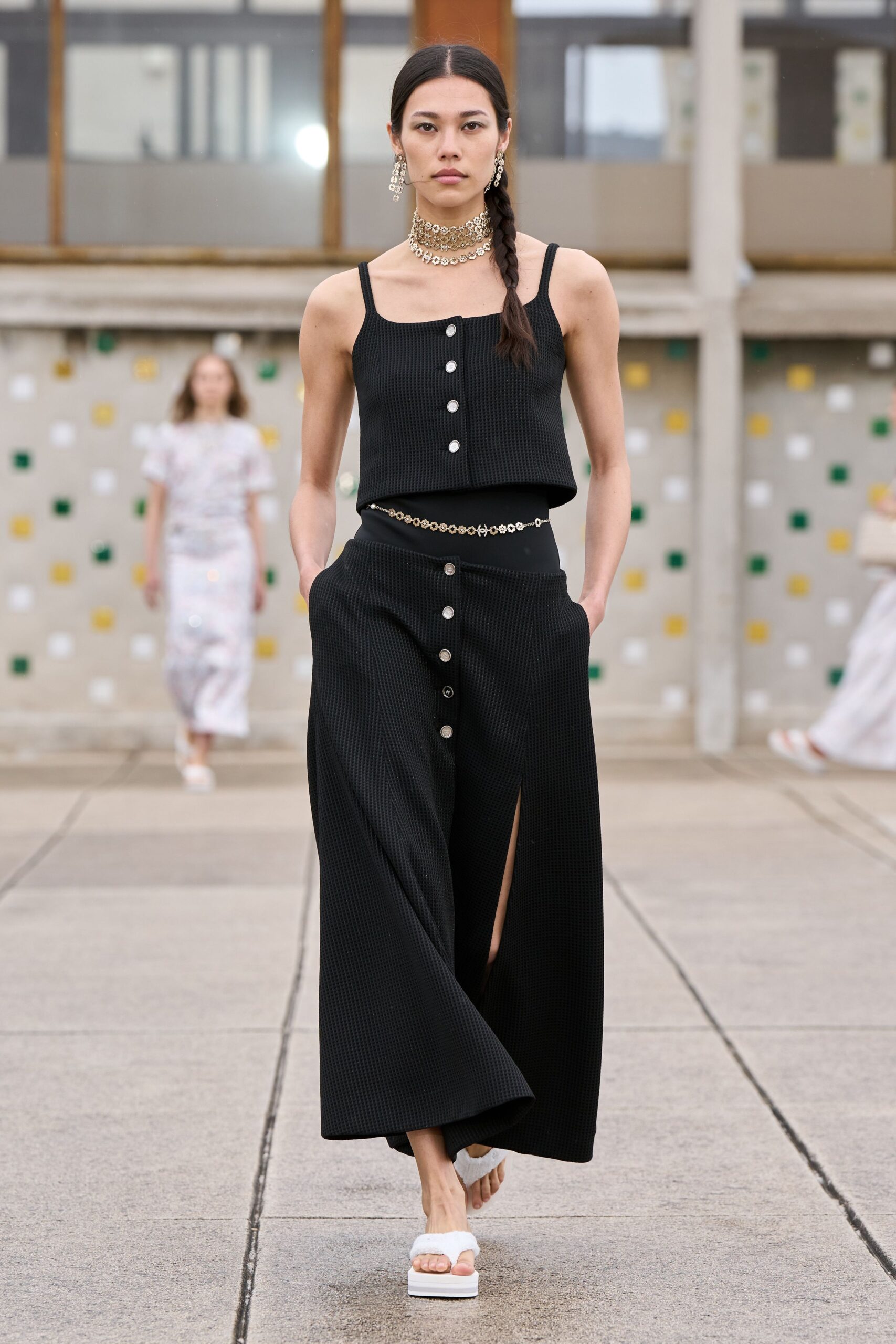 black cotton slit fitted high-waisted wide-leg buttoned pants
