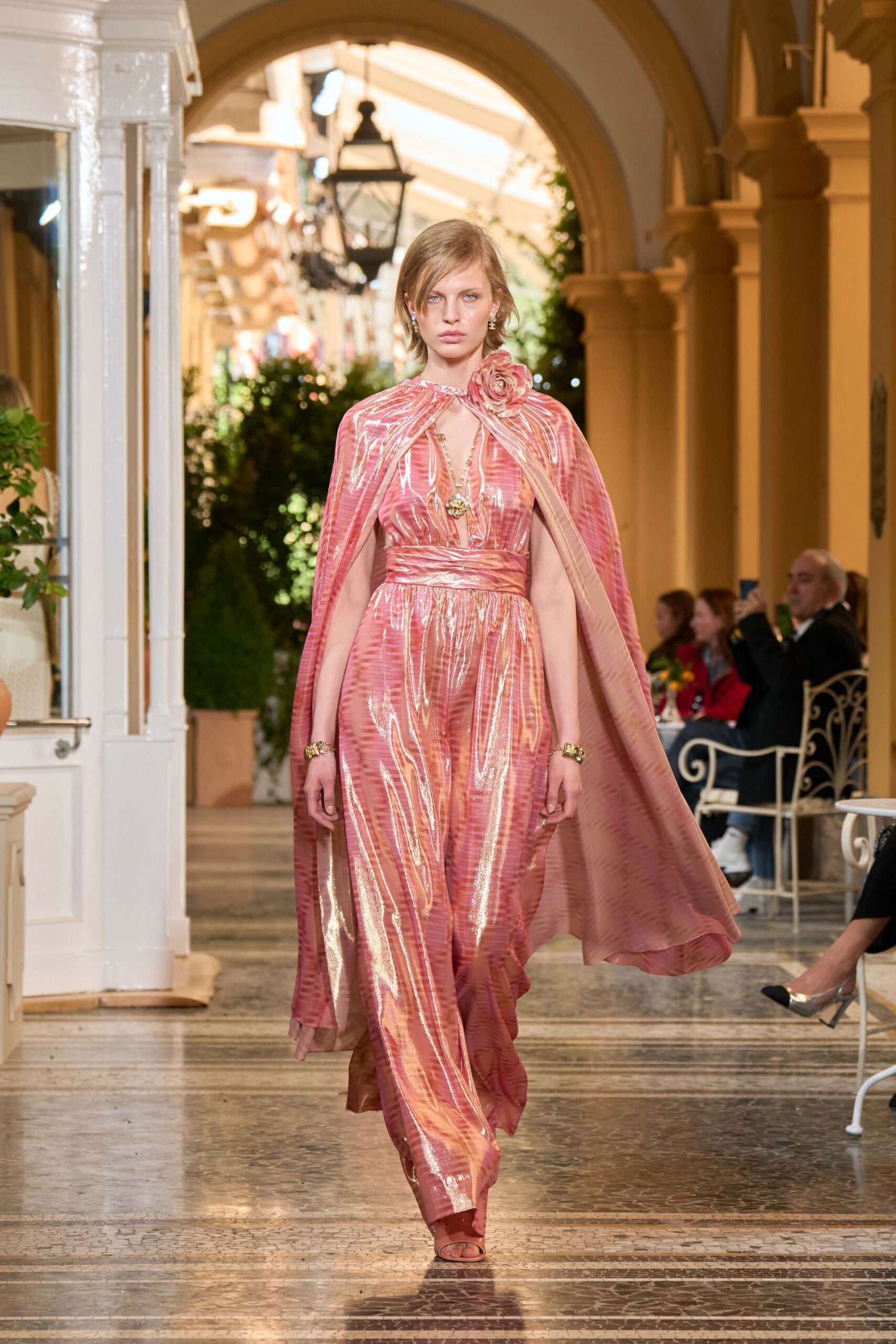 pink silk sleeveless v-neck structured draped layered gown