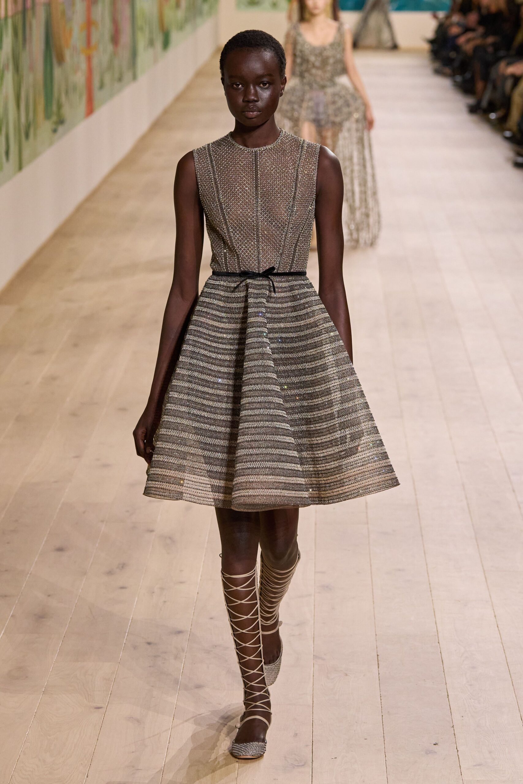multi silk sleeveless high-neck fitted pleated belted dress
