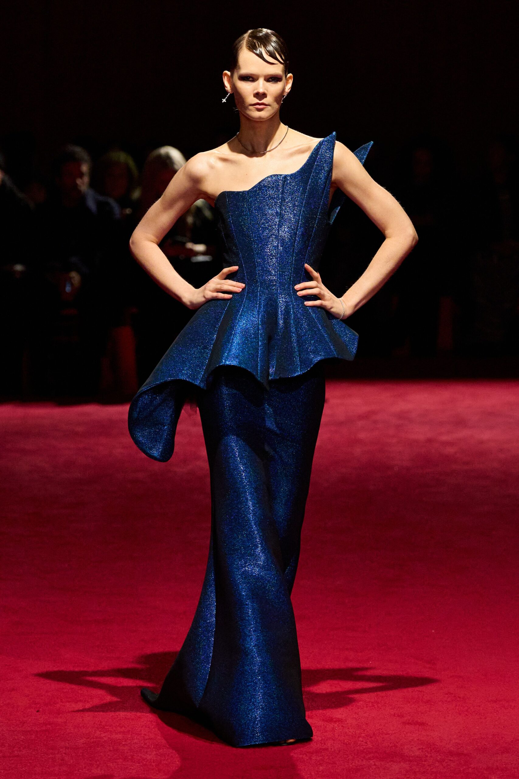 blue silk off-shoulder gown