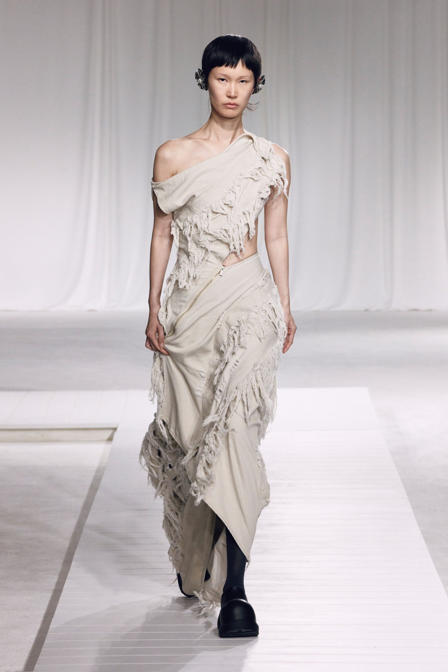 beige fringed asymmetric dress
