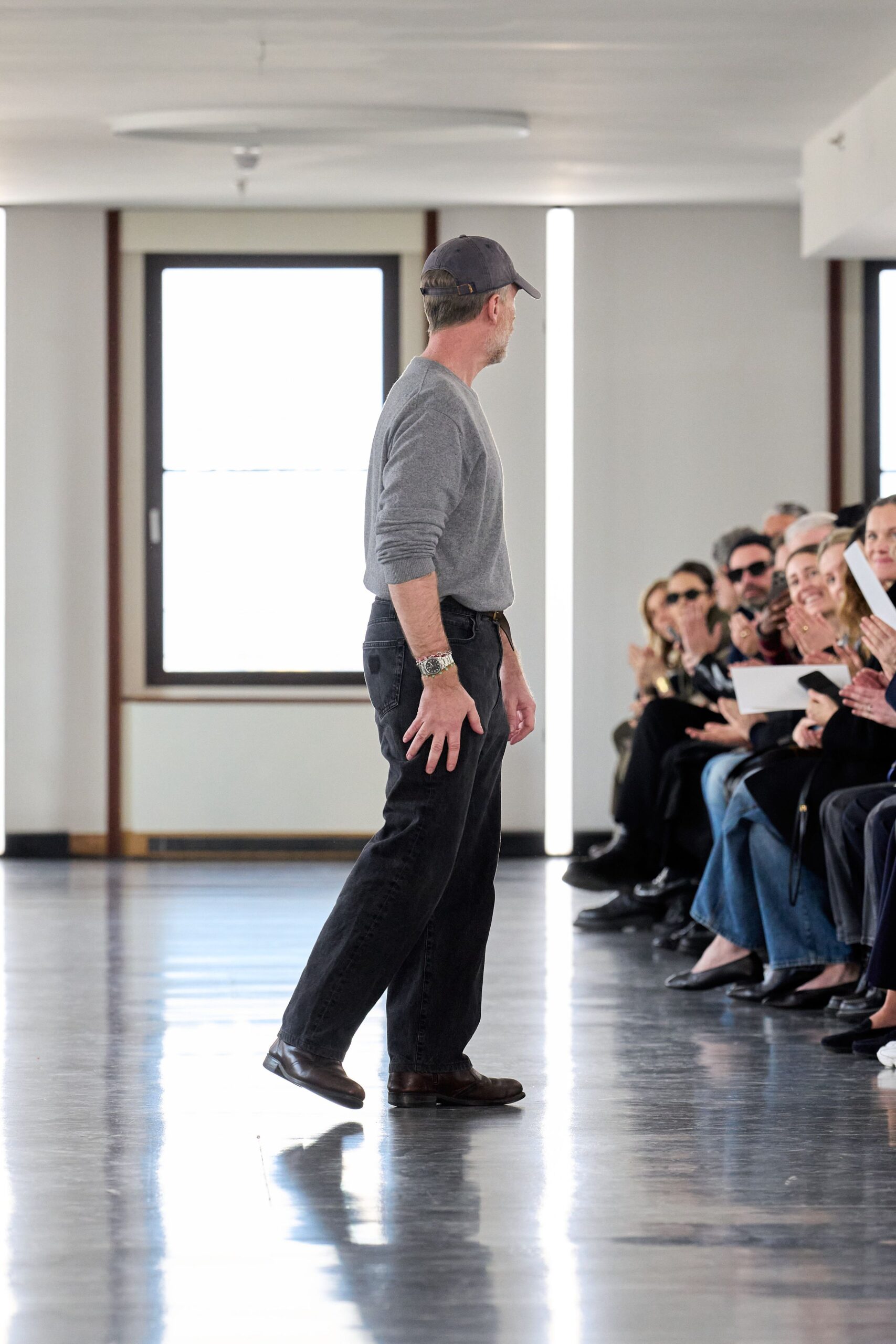 gray sweater black pants brown shoes
