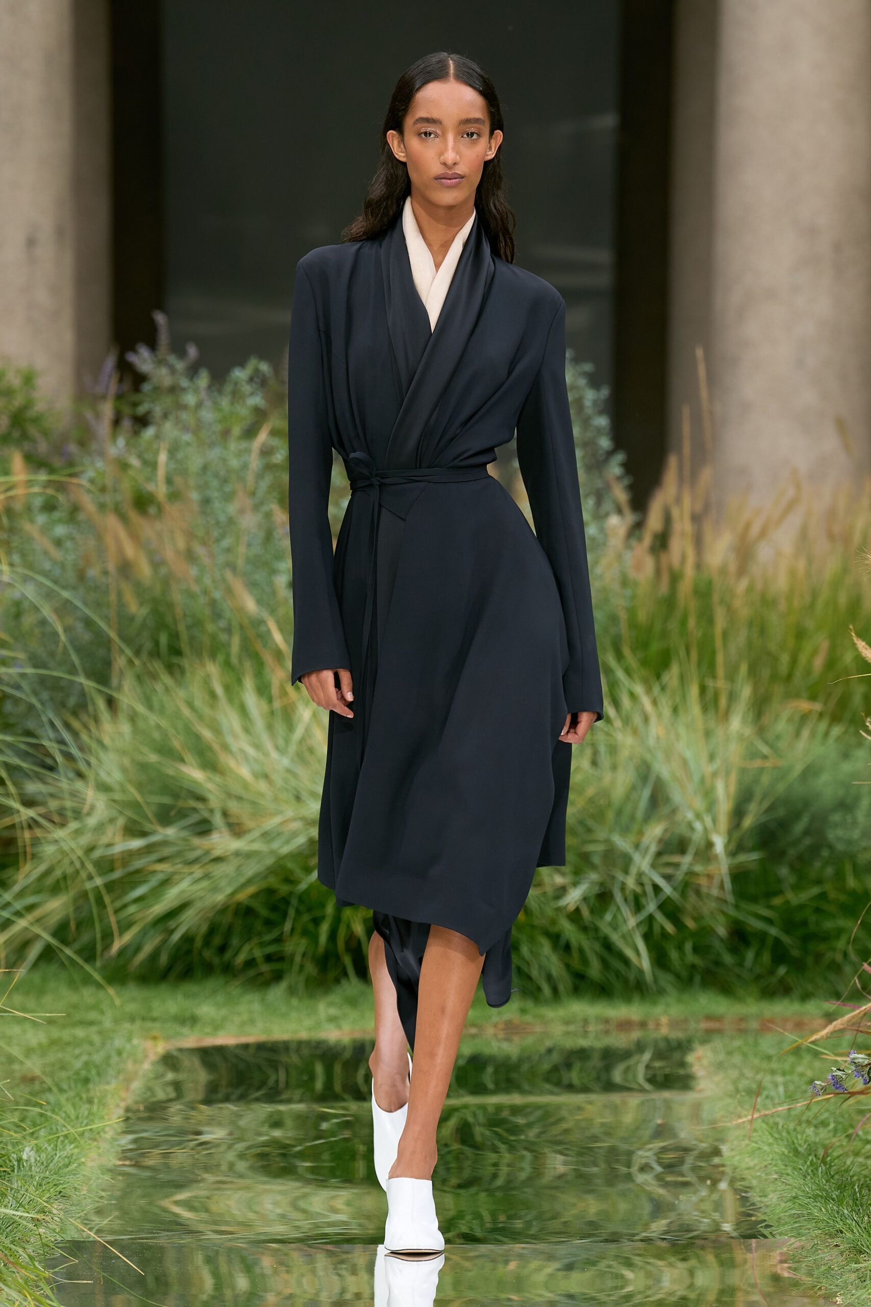 black silk wrap dress with white shoes