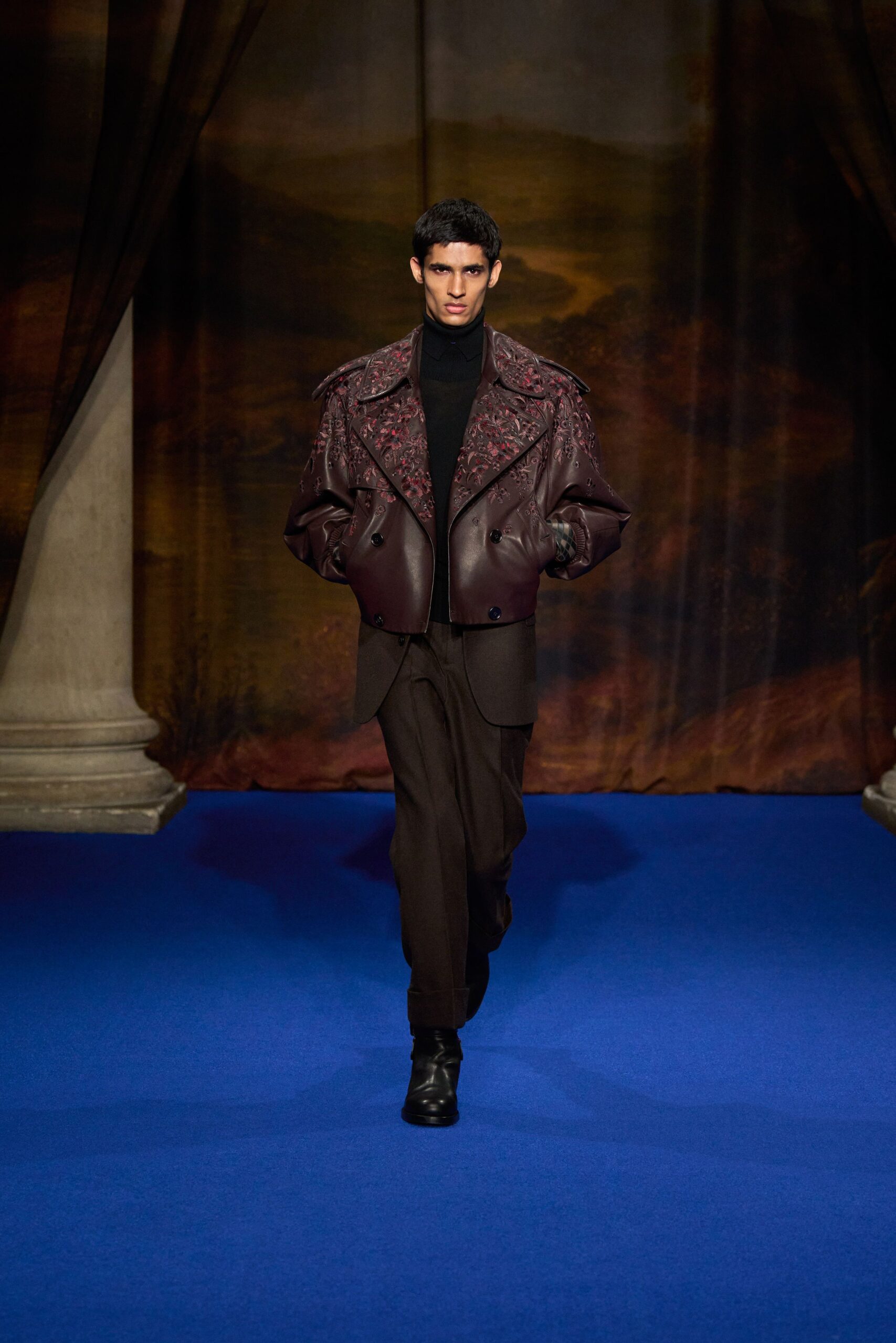brown leather long-sleeve collared fitted embroidered jacket