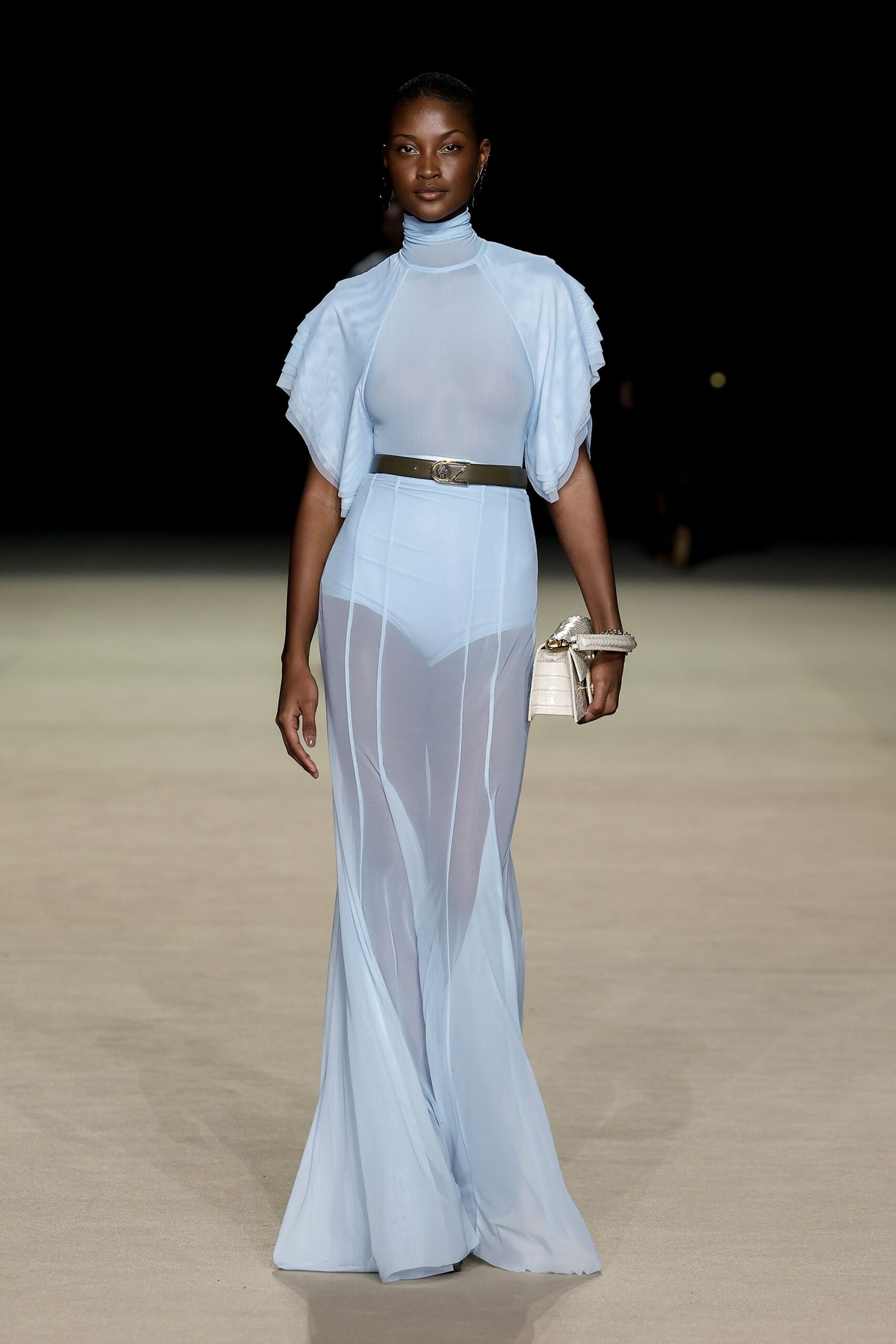 blue sheer gown with belt