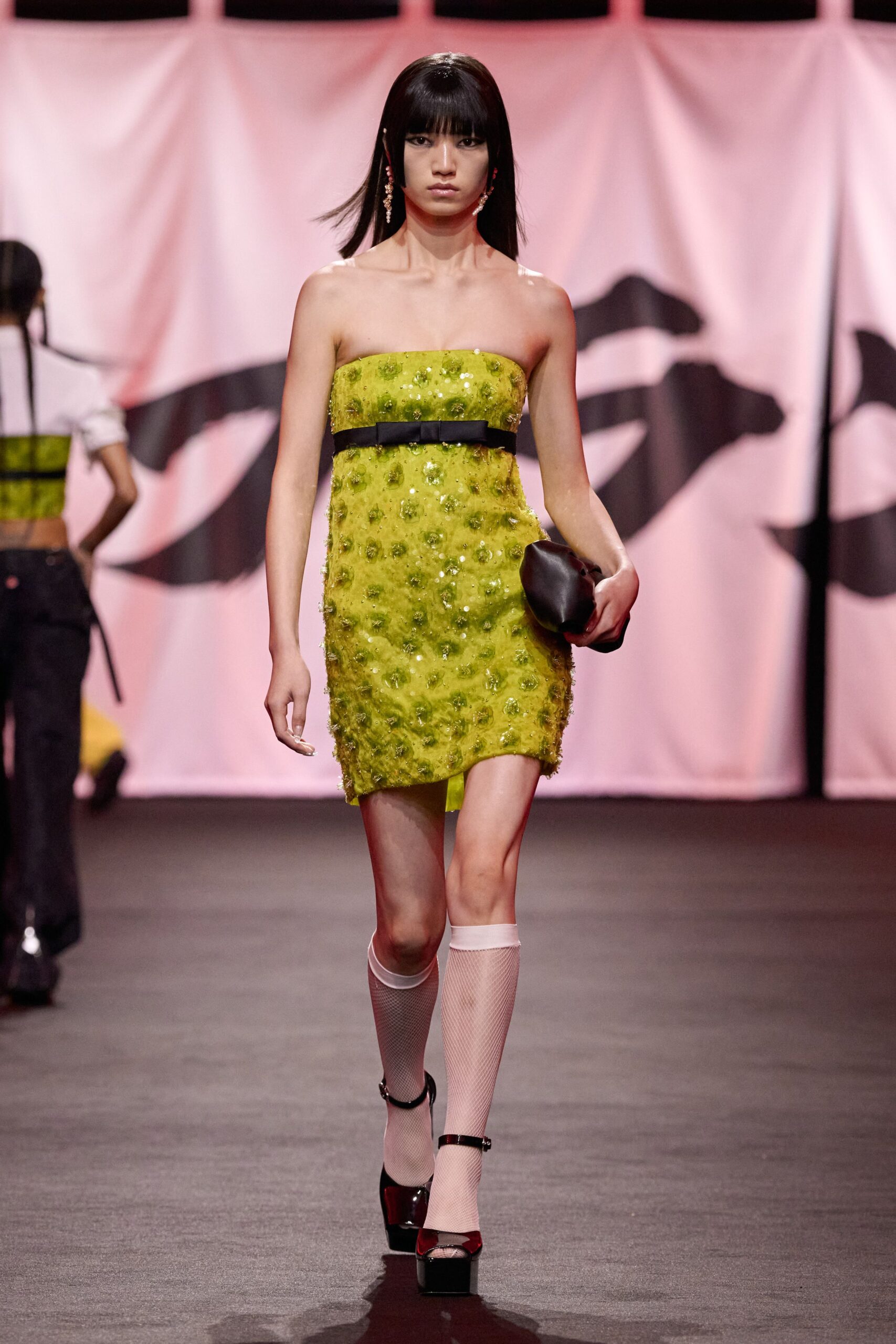 yellow silk strapless fitted beaded mini mini-dress