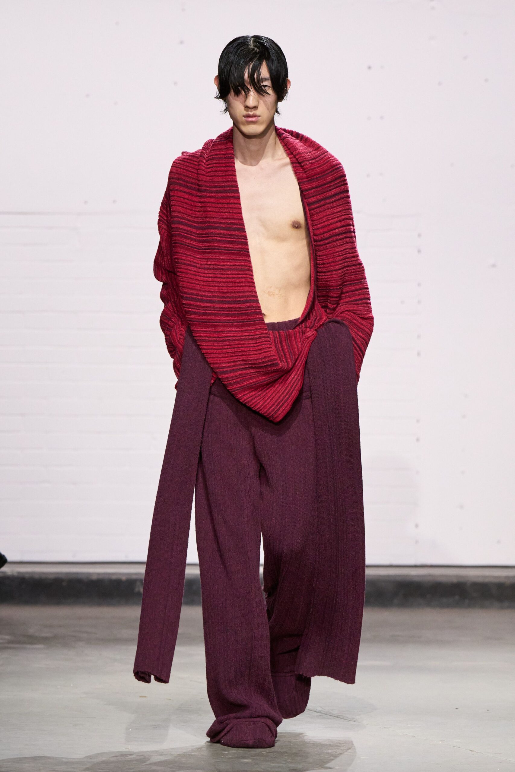 red relaxed top with maroon pants