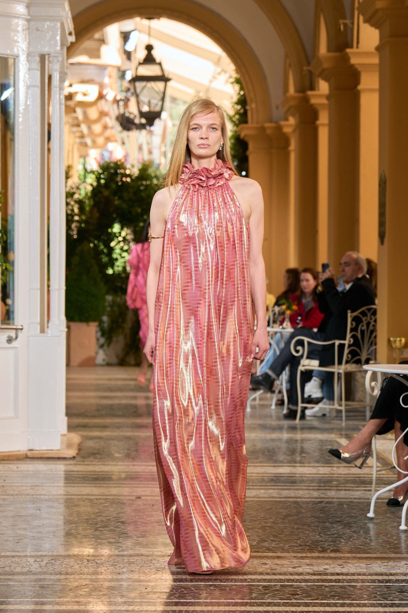 pink shiny halter gown