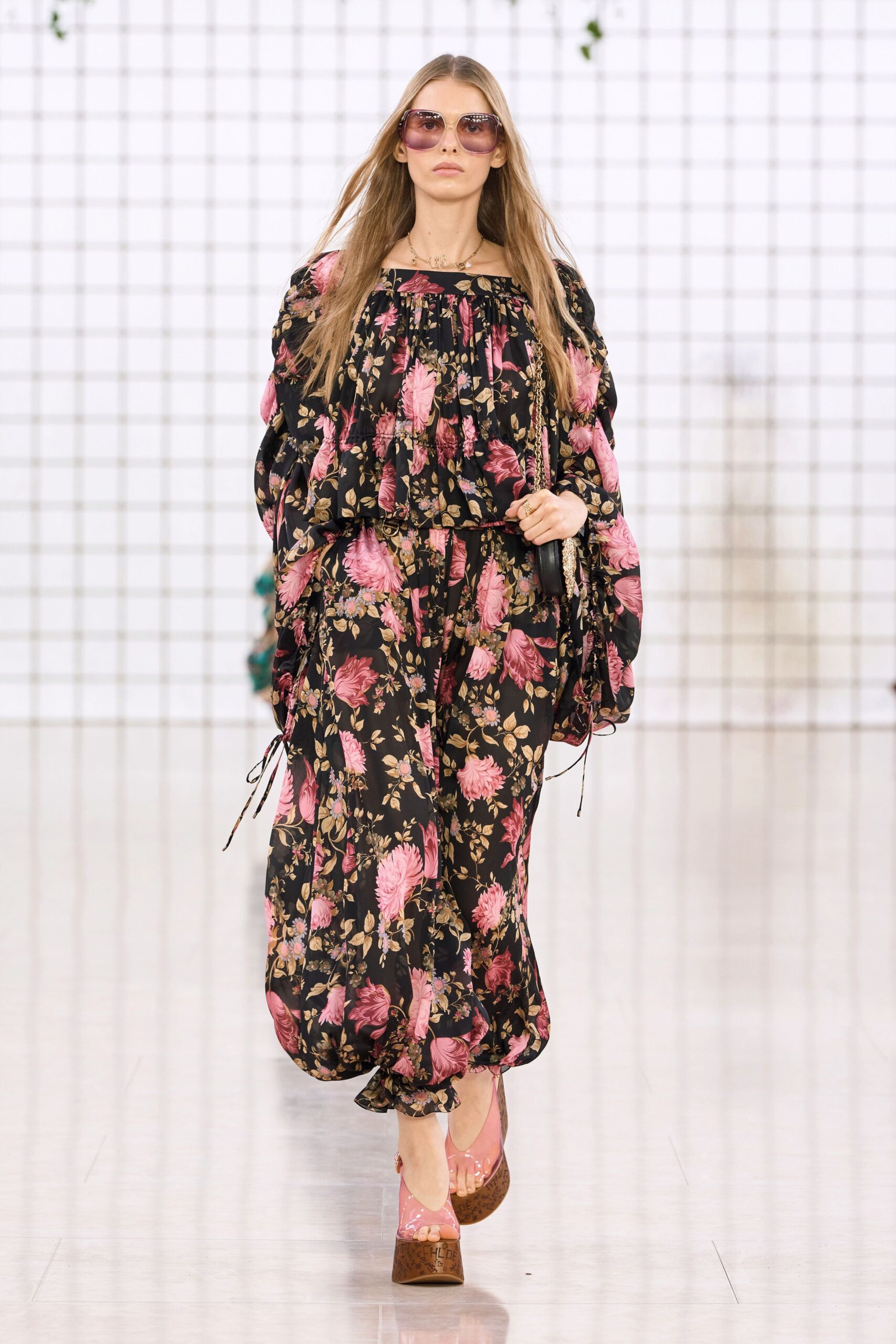 floral maxi dress with platform shoes
