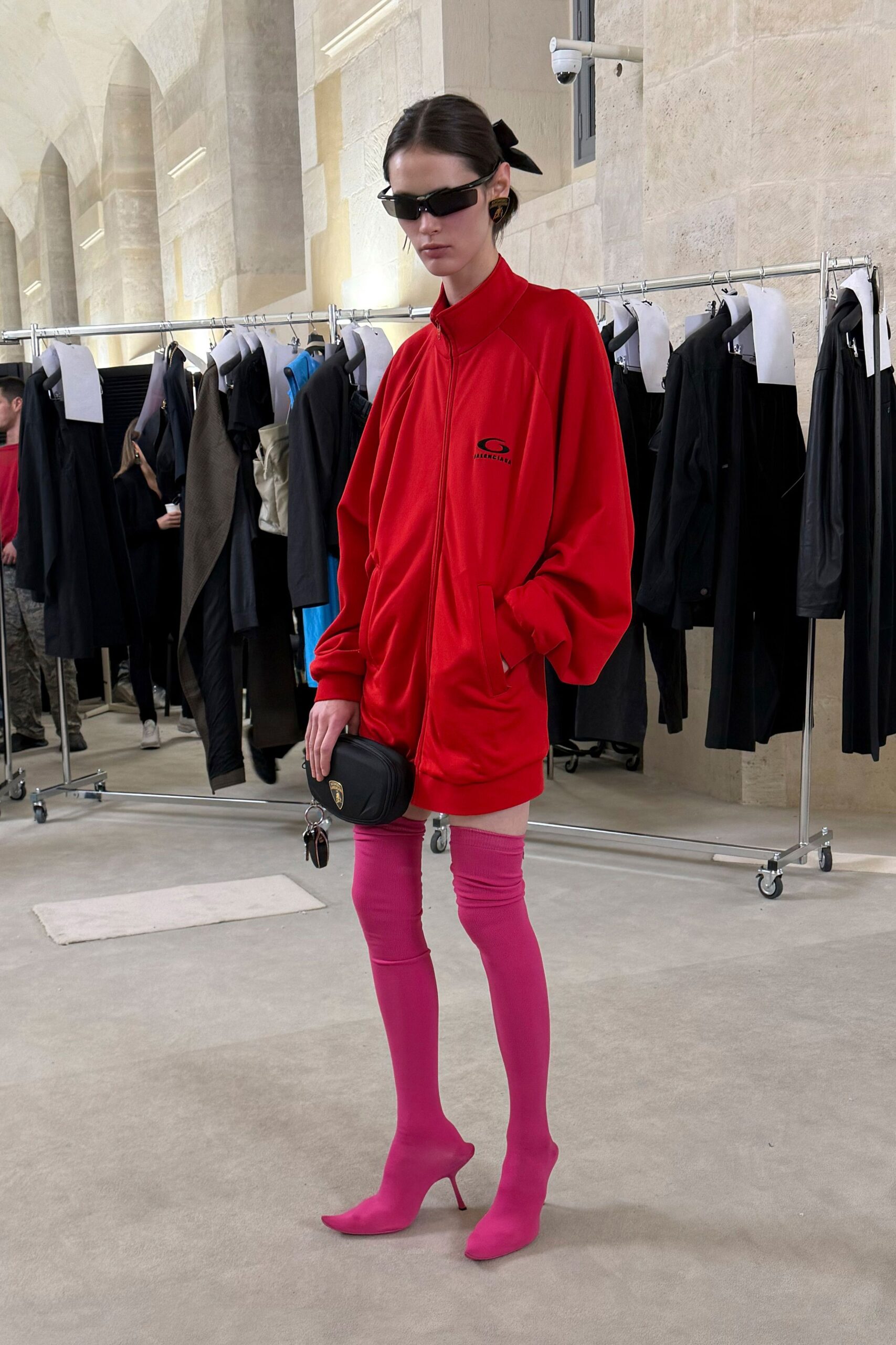 oversized red jacket with pink shoes