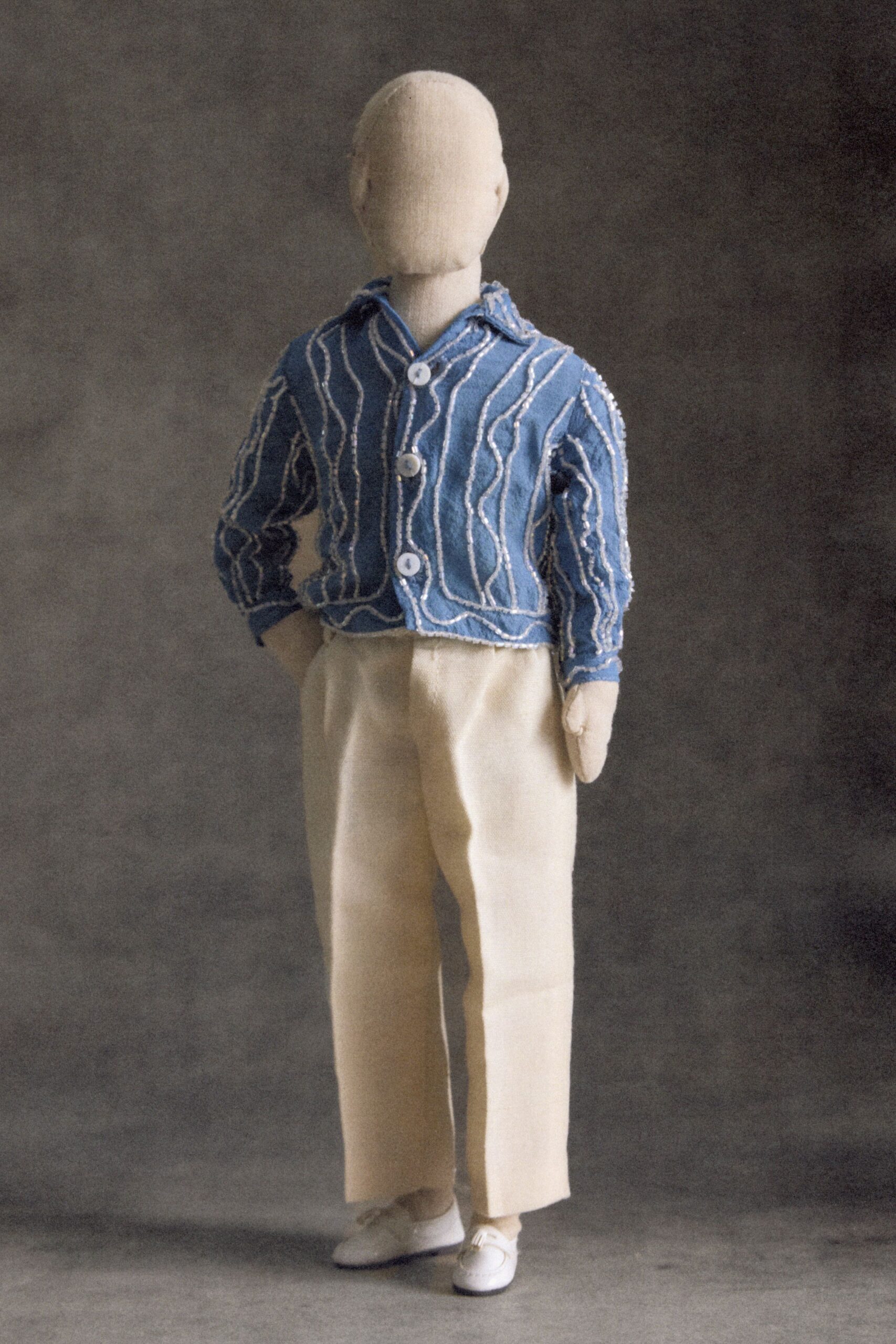 blue denim long-sleeve collared structured buttoned embroidered jacket