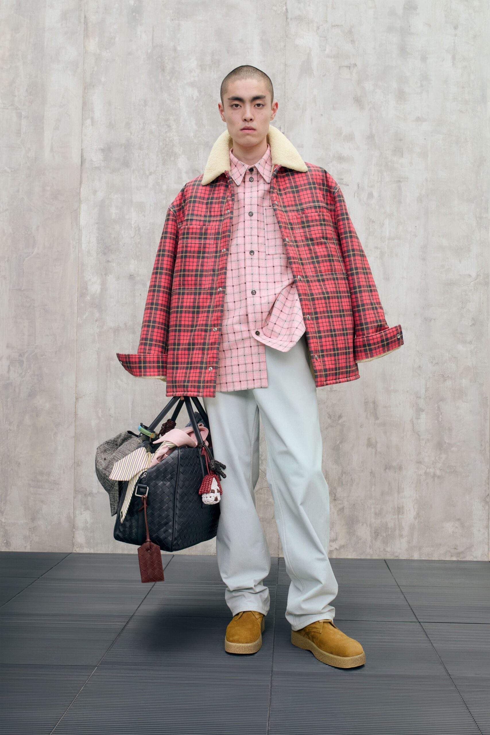 red checked jacket with pink shirt