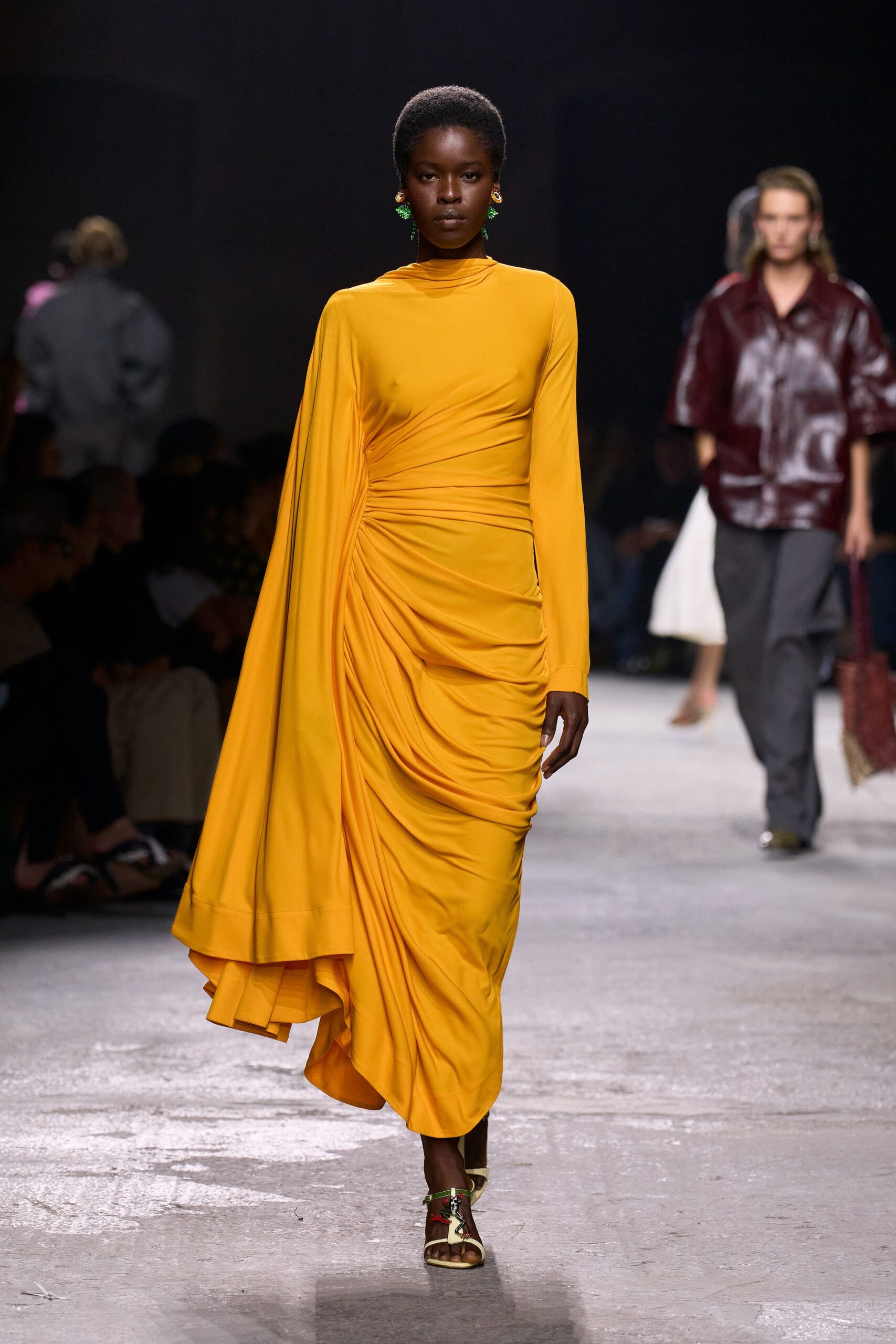 yellow silk draped gown