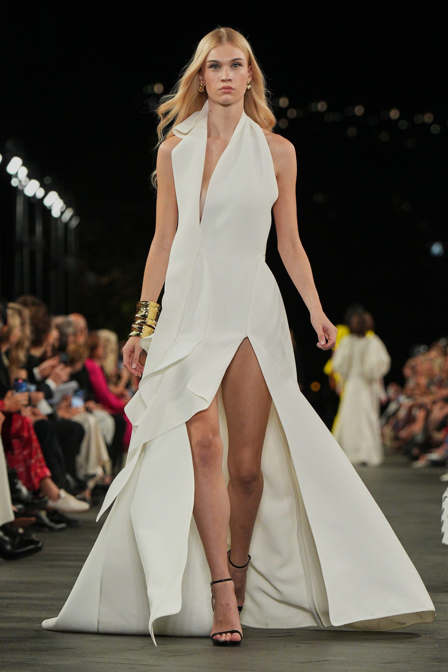 white draped halter gown