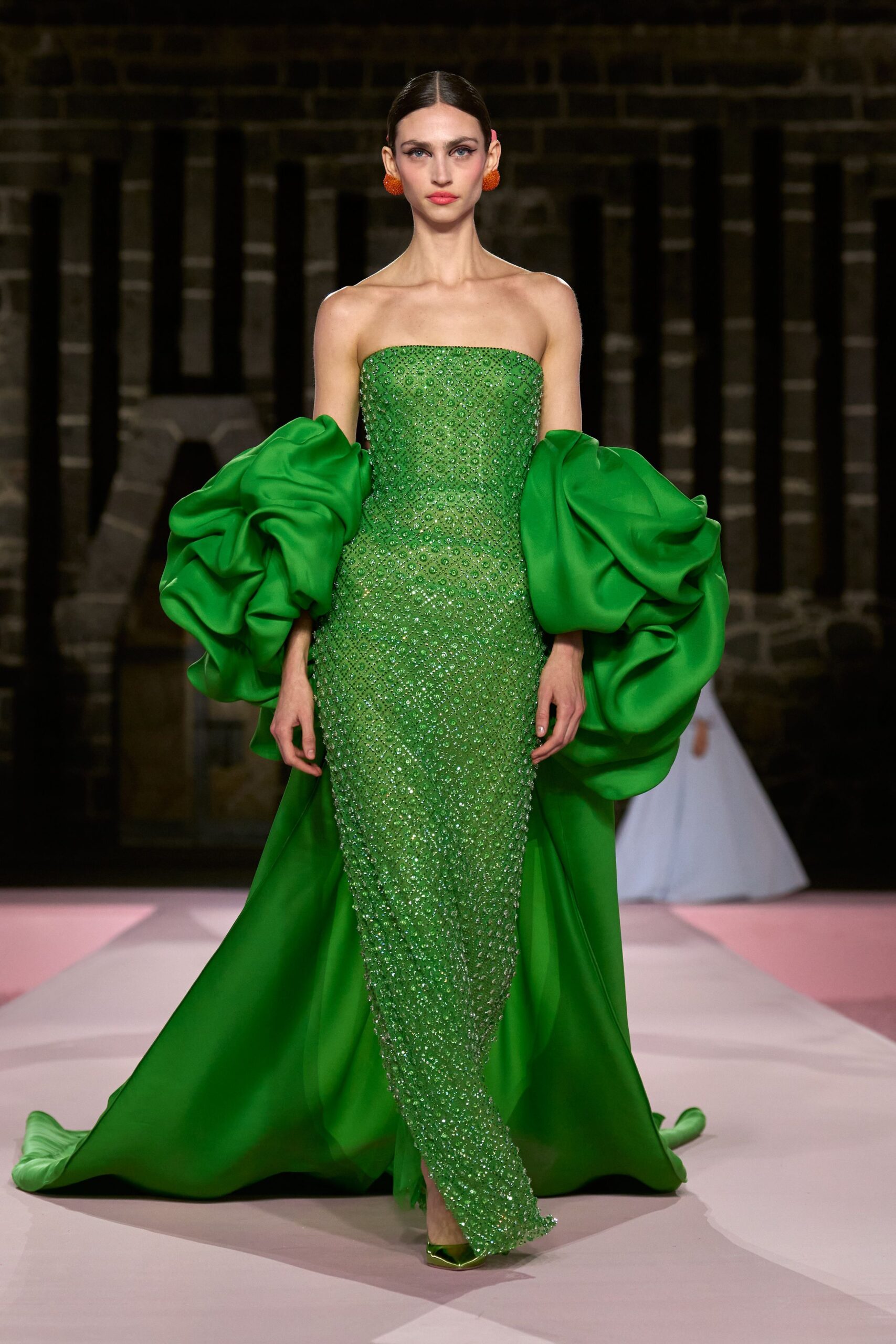 green embellished strapless gown