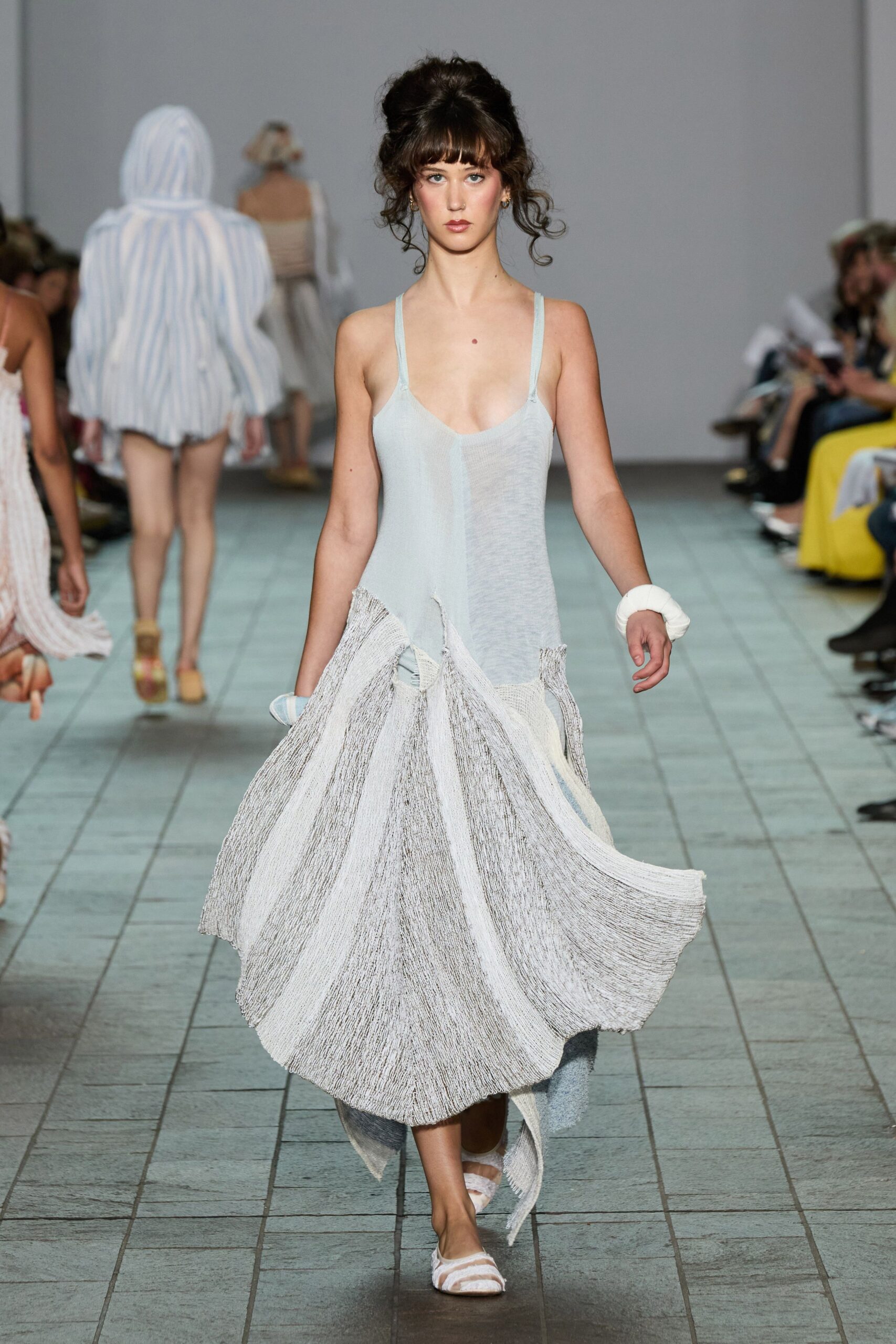 blue cotton sleeveless v-neck fitted pleated flowing dress