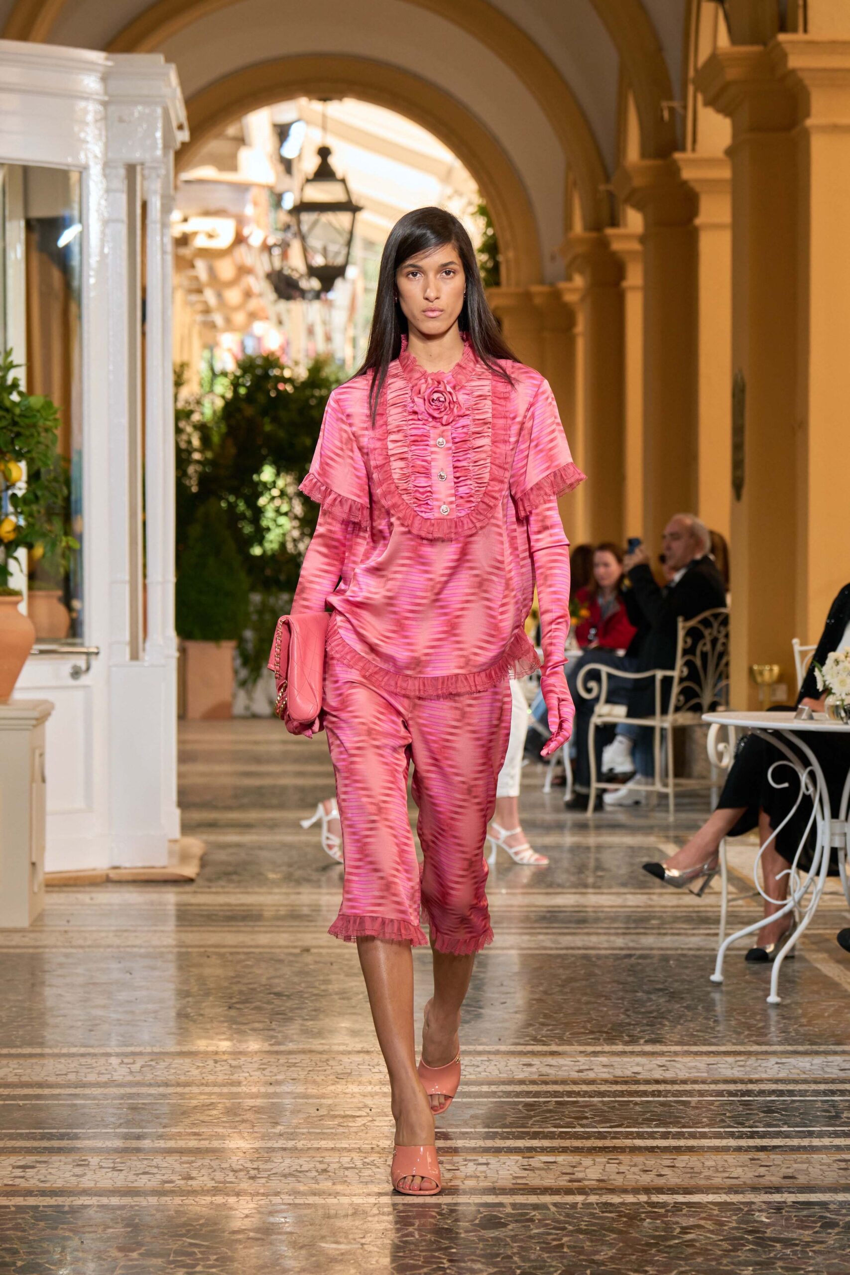 pink silk relaxed printed ruffled shiny midi pants