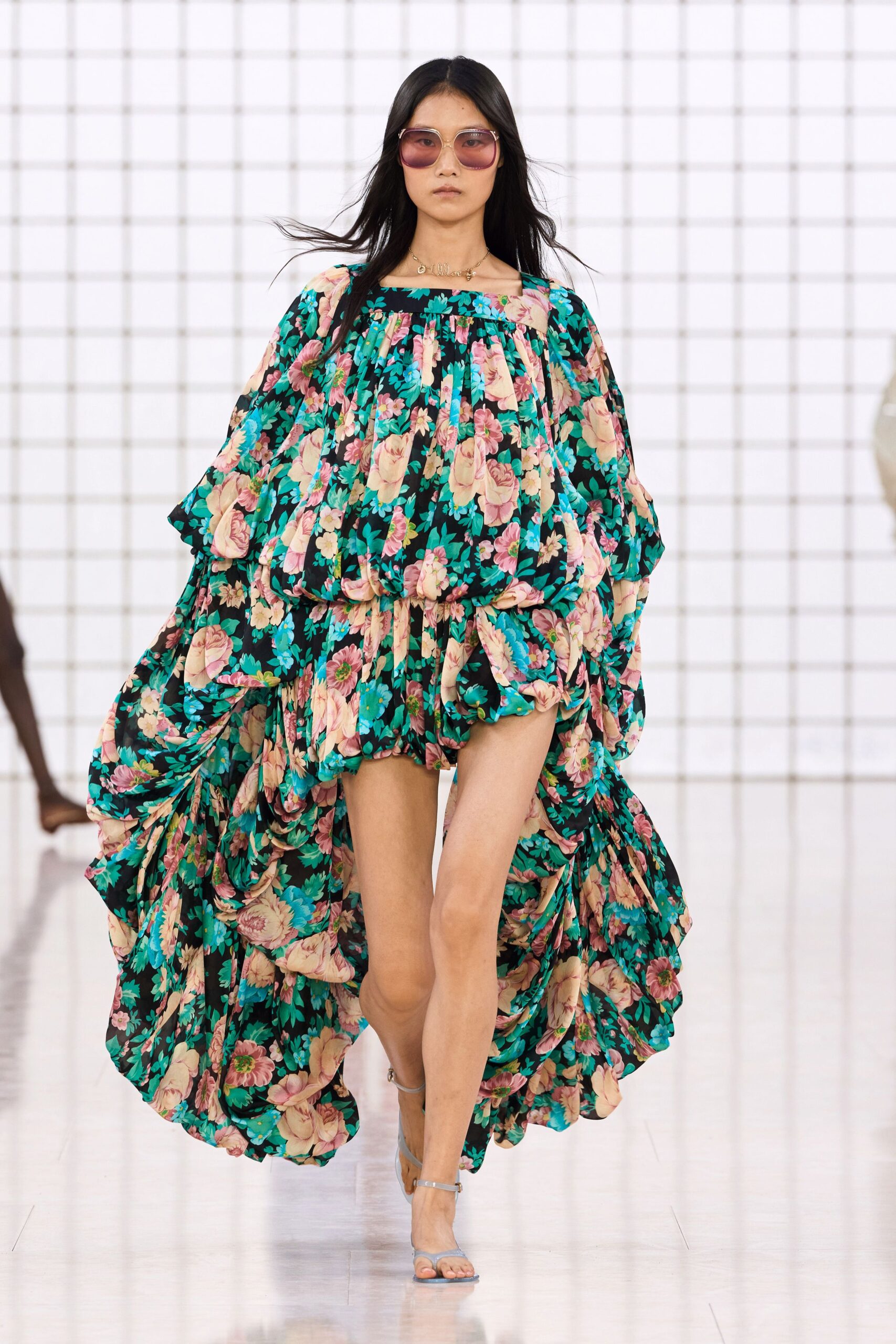 green silk sleeveless off-shoulder relaxed floral flared dress