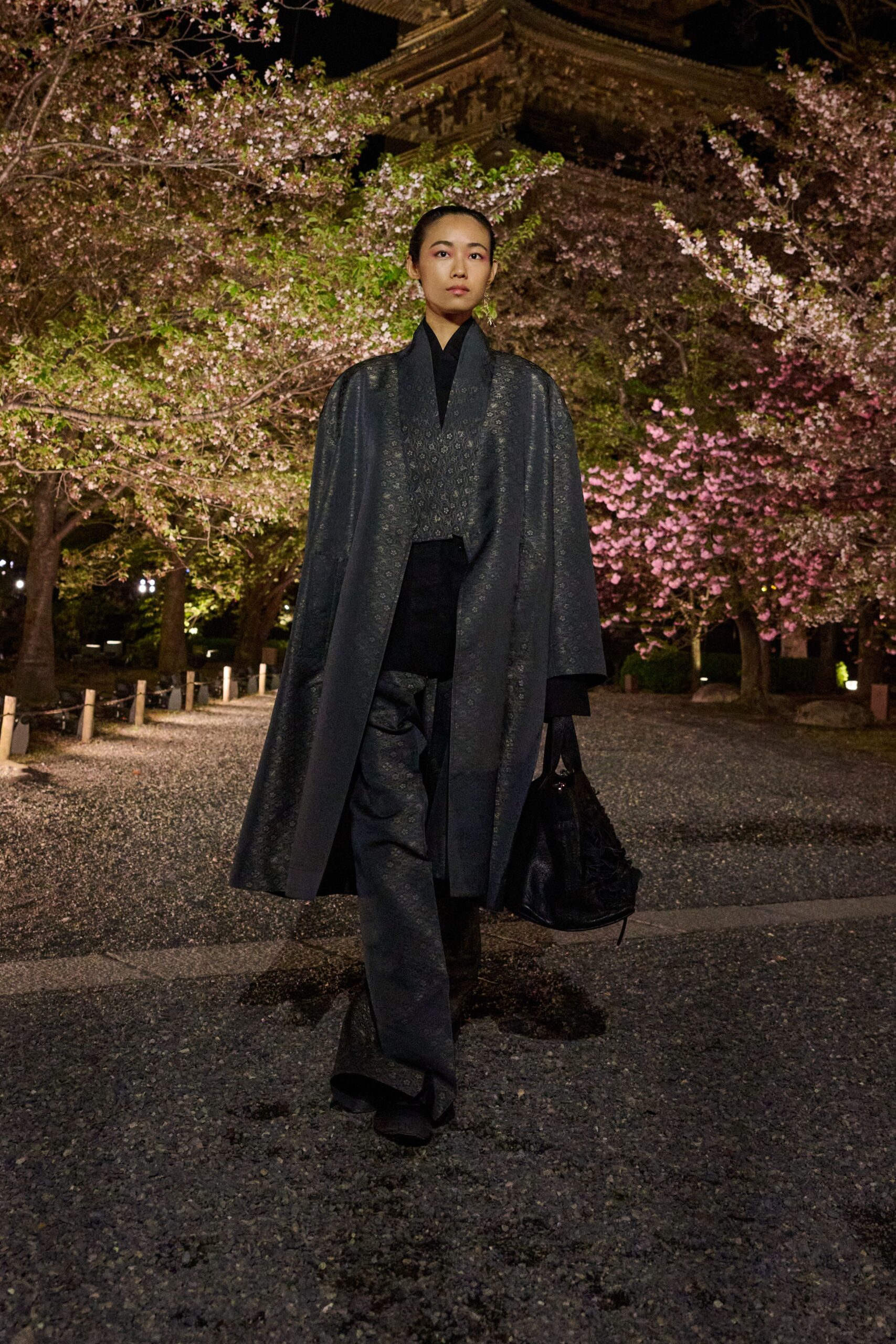 black silk coat with tailored pants