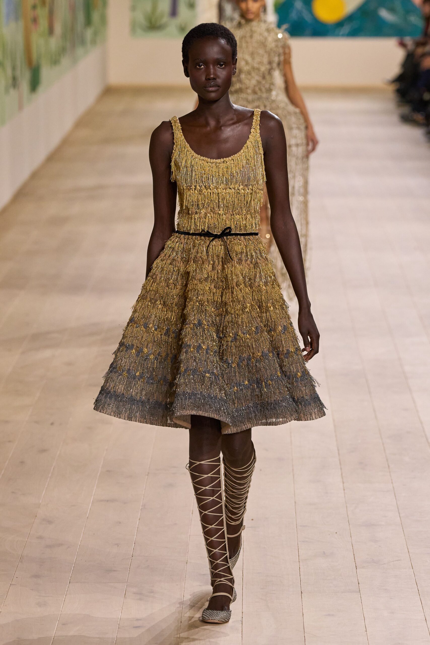 gold silk sleeveless square-neck fitted pleated tiered dress