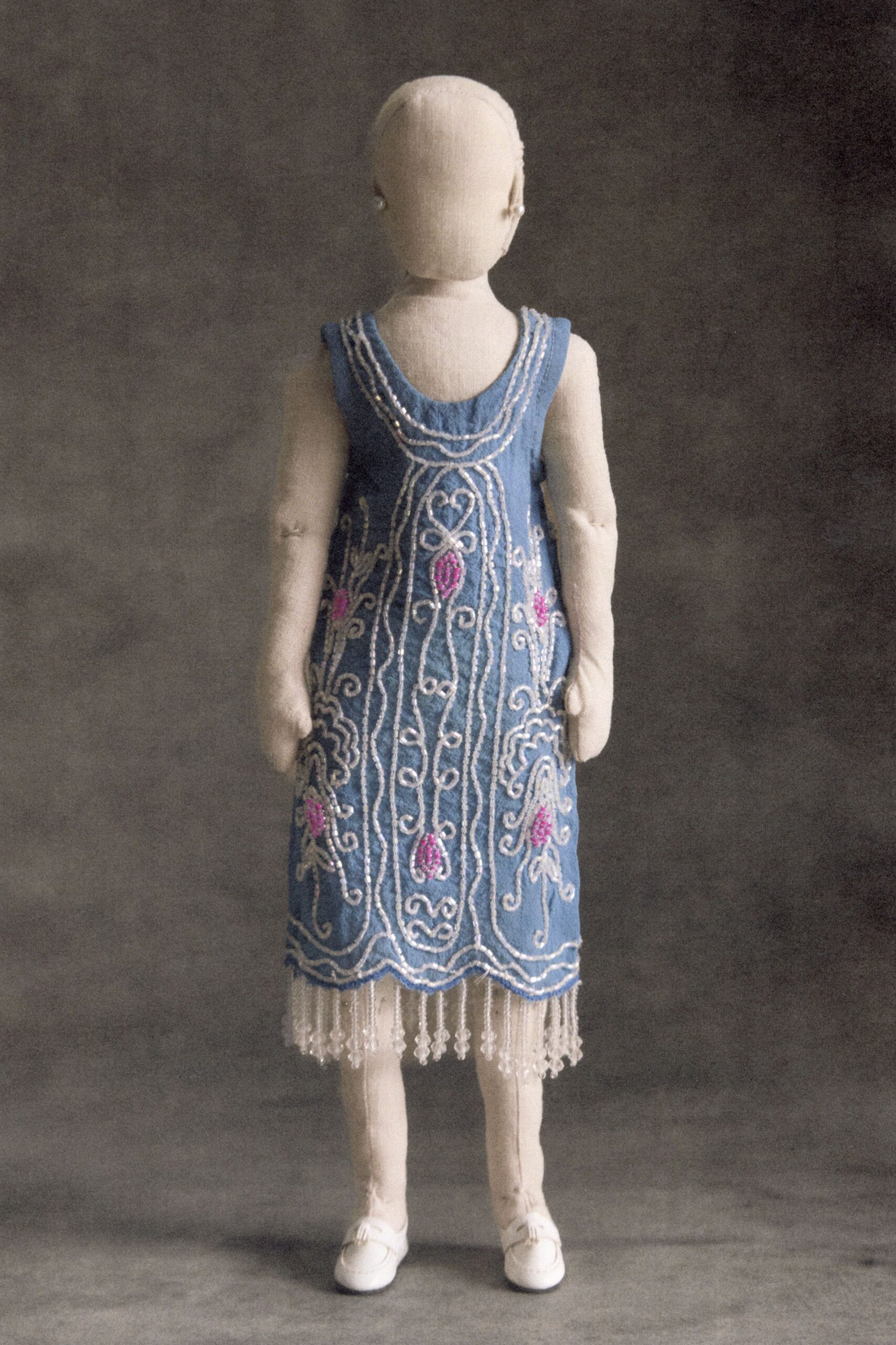 blue knit sleeveless scoop-neck relaxed embroidered fringed dress