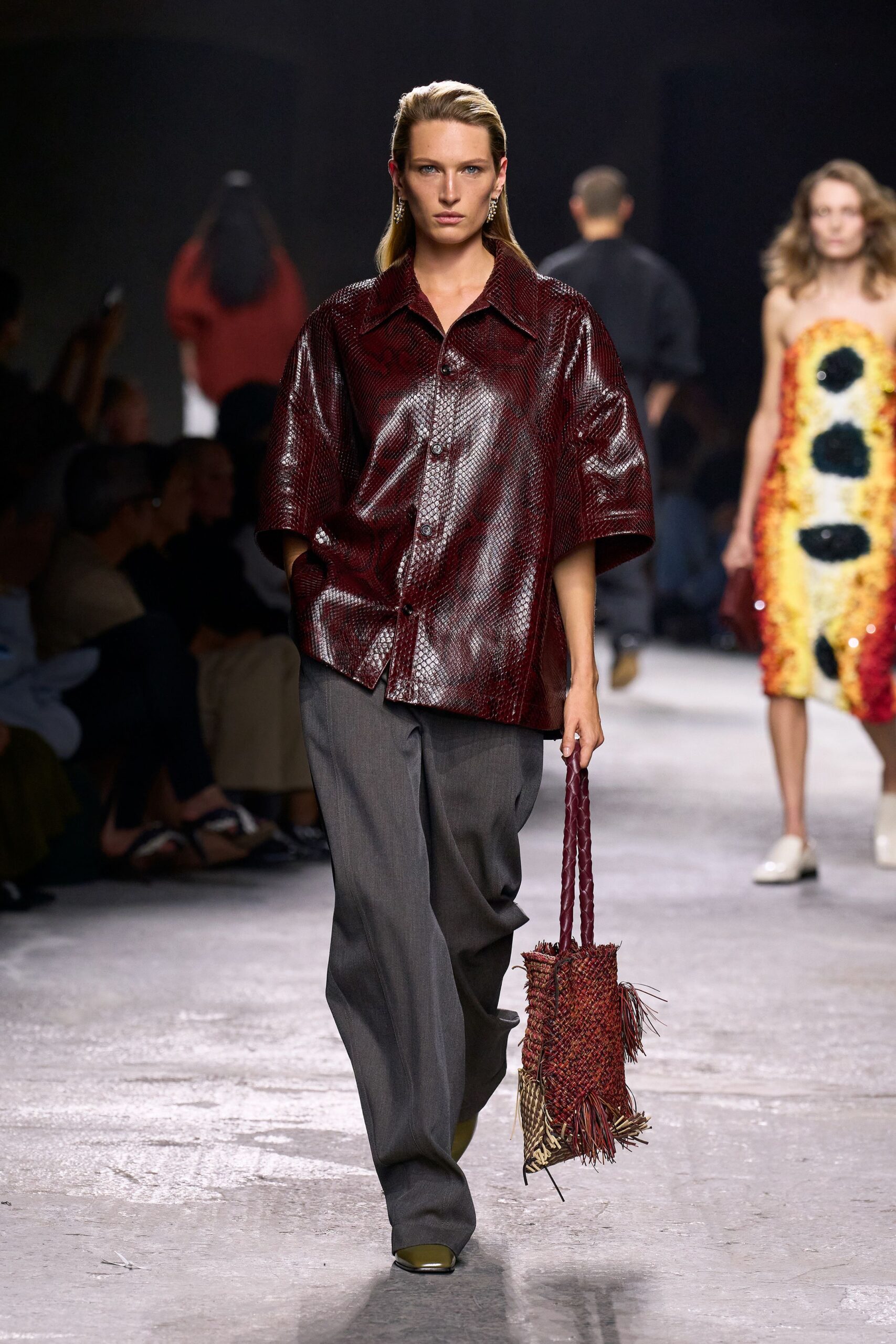 red leather shirt gray pants