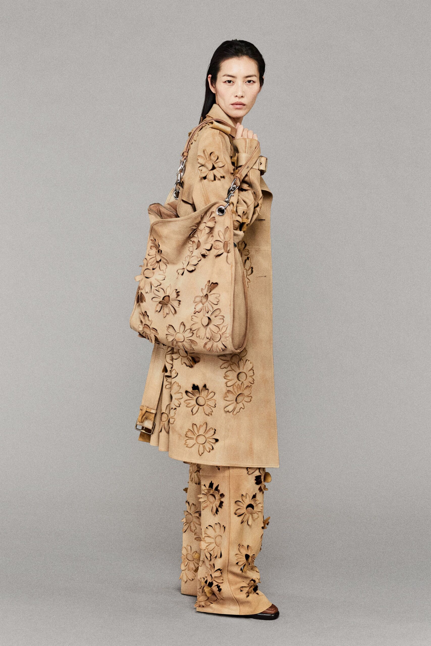 beige suede long-sleeve collared fitted embroidered coat