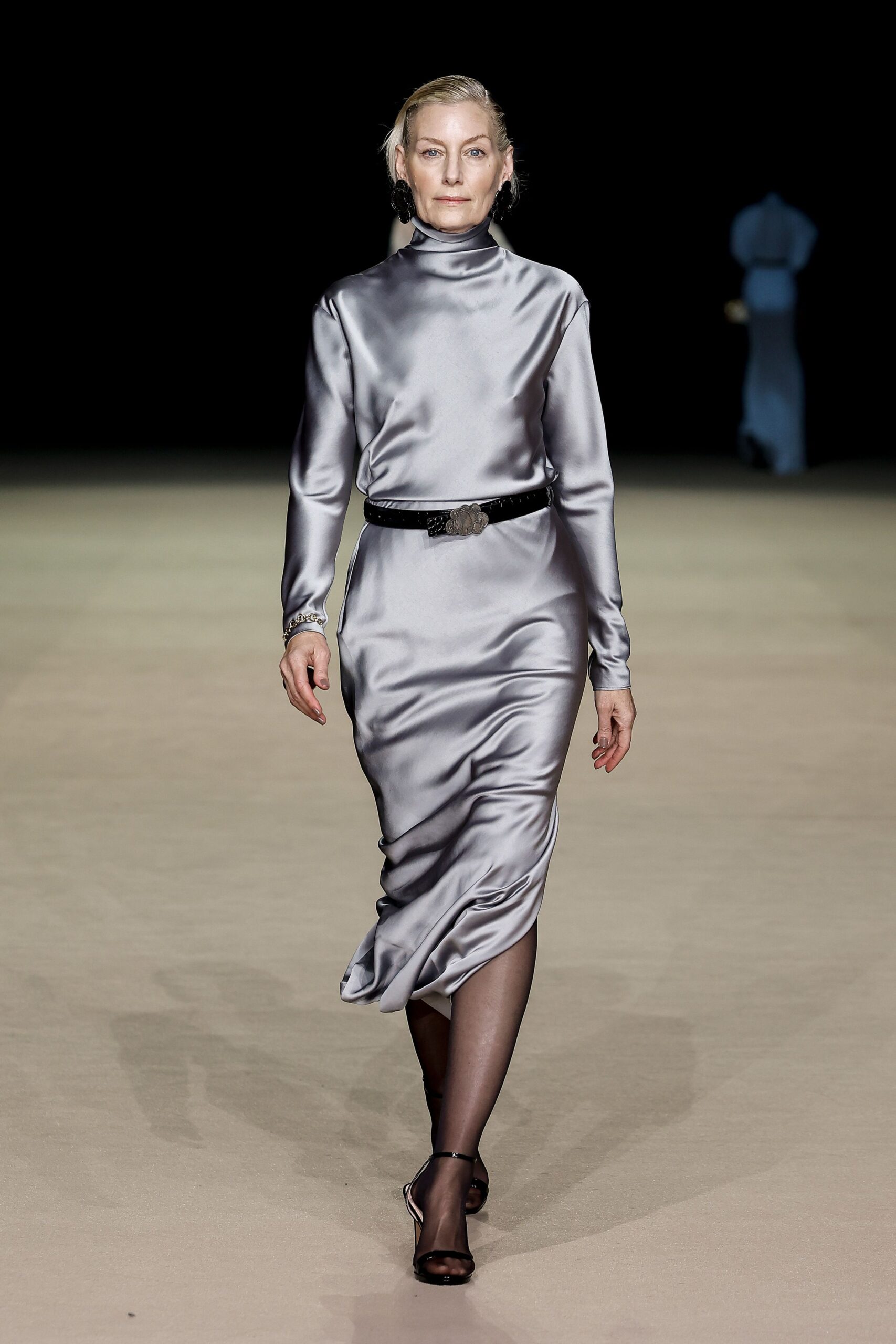 gray silk fitted midi dress