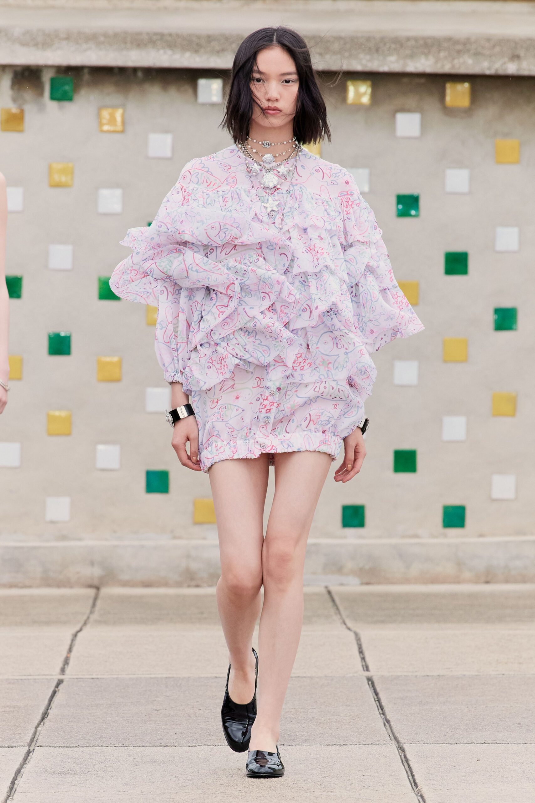 white silk long-sleeve collared fitted floral ruffled dress