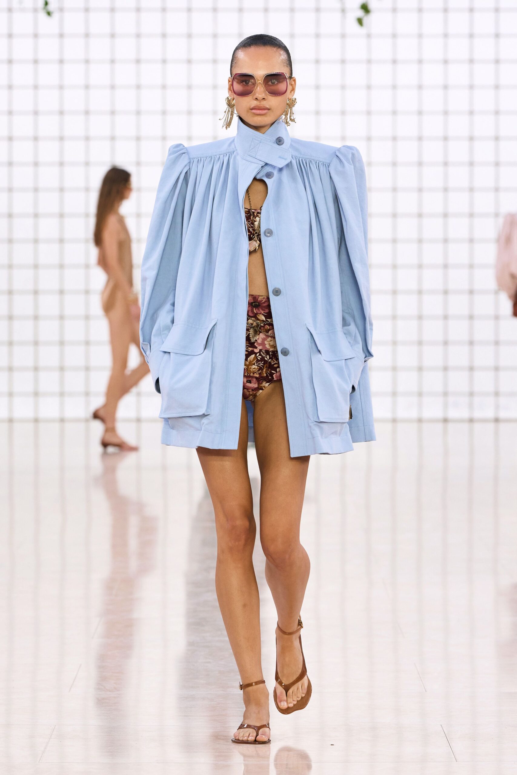 blue coat with floral bikini