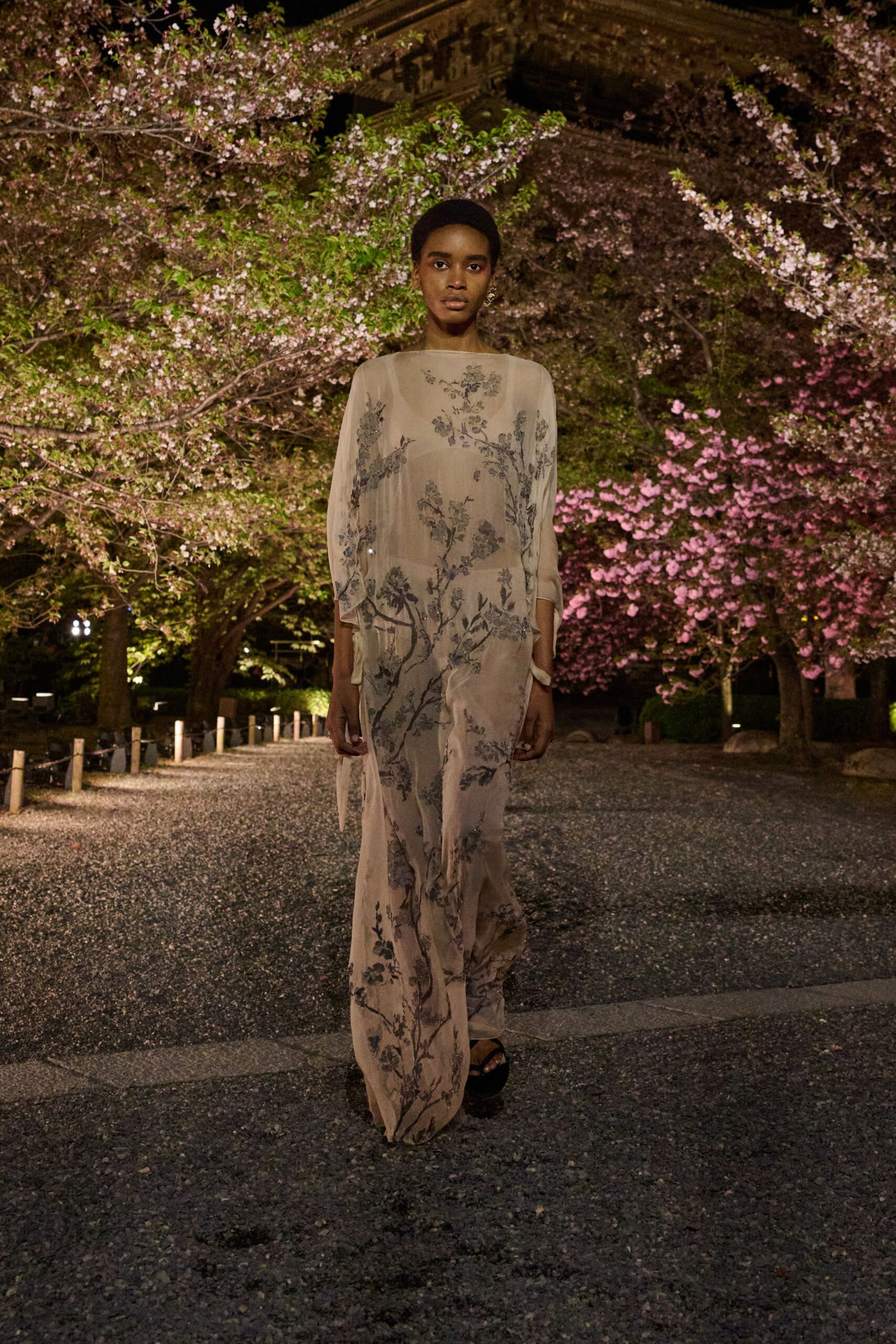 beige silk long-sleeve relaxed embroidered flowing maxi gown