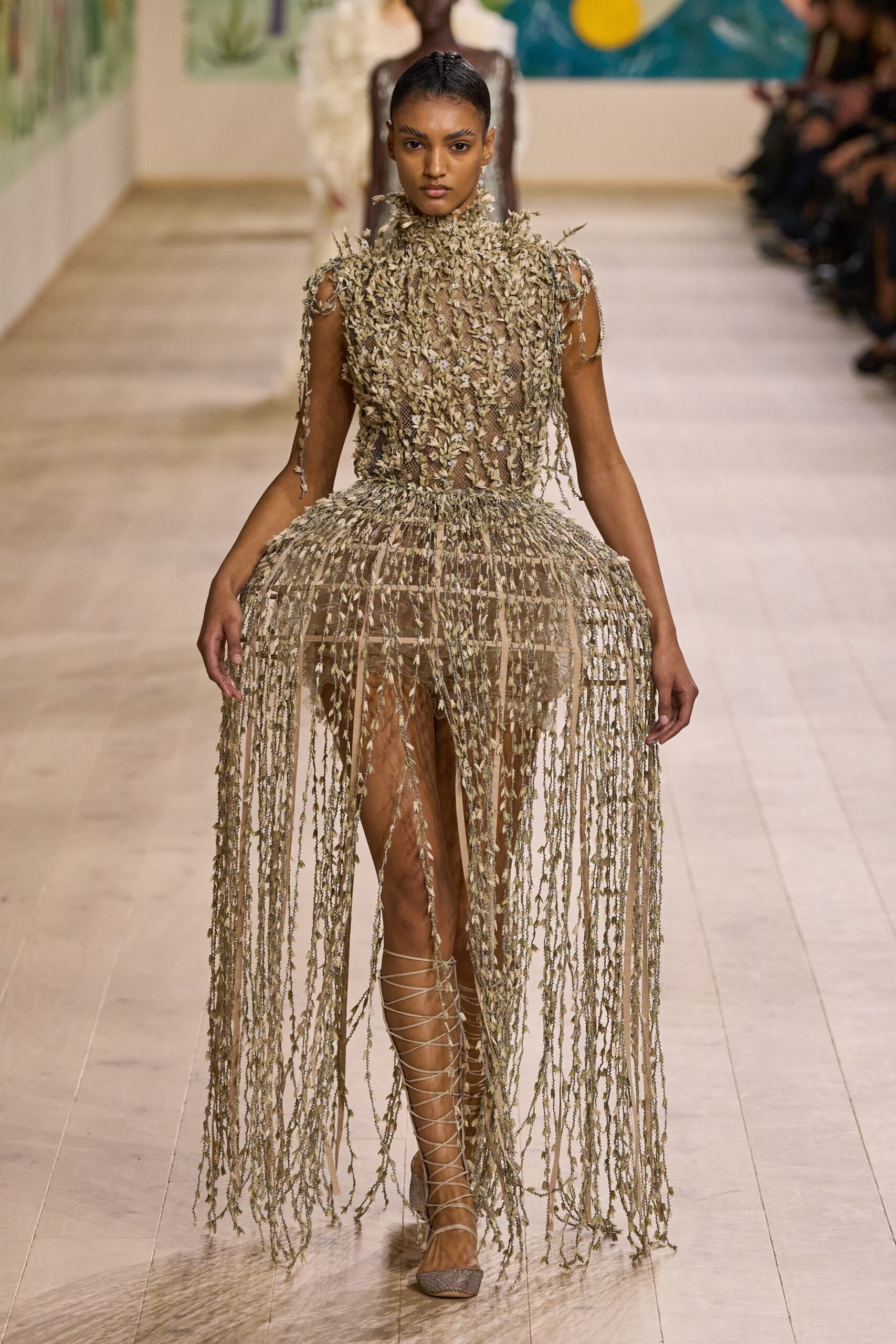 beige silk sleeveless high-neck fitted layered fringed dress